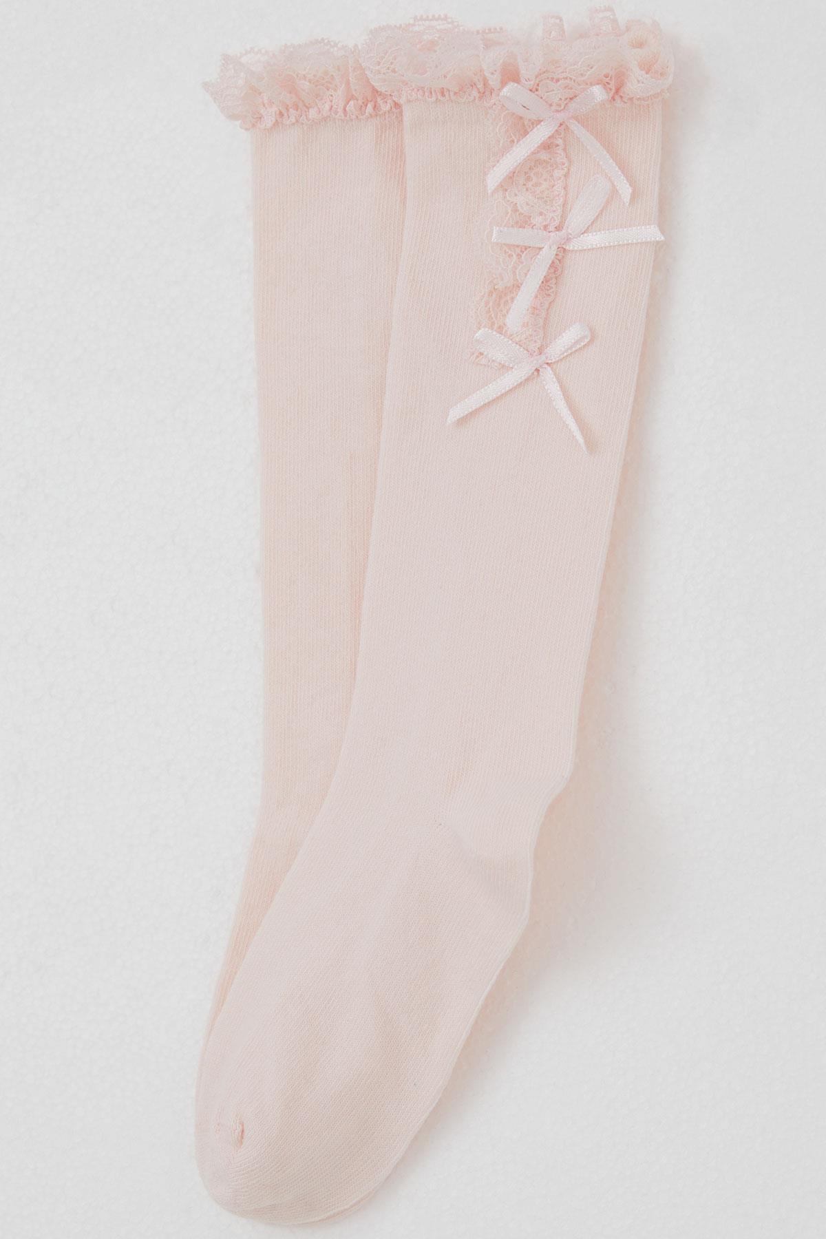 Katamino Kız Çocuk Golf Çorap Fiyonk Aksesuarlı Dantelli Pembe (1-8 Yaş)