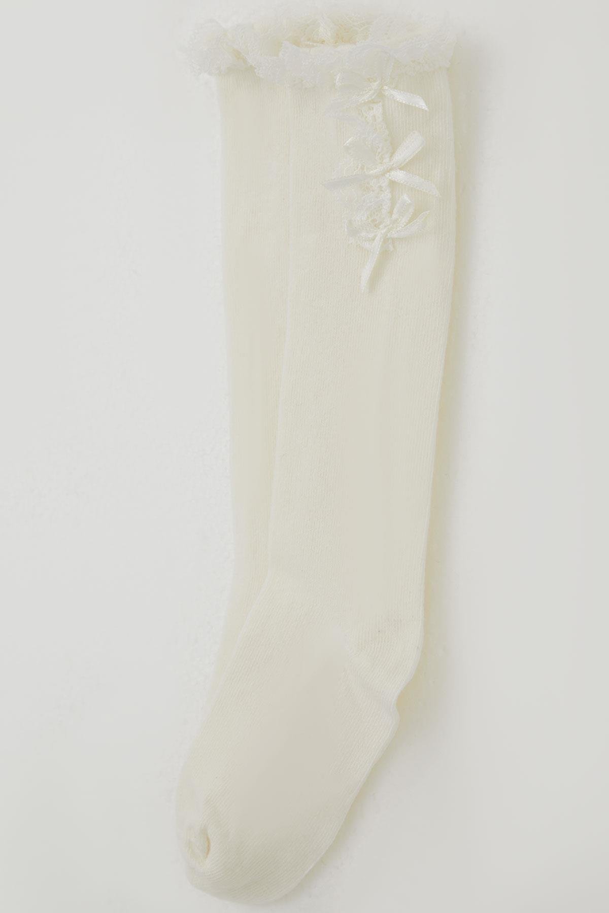 Katamino Kız Çocuk Golf Çorap Fiyonk Aksesuarlı Dantelli Krem (1-8 Yaş)