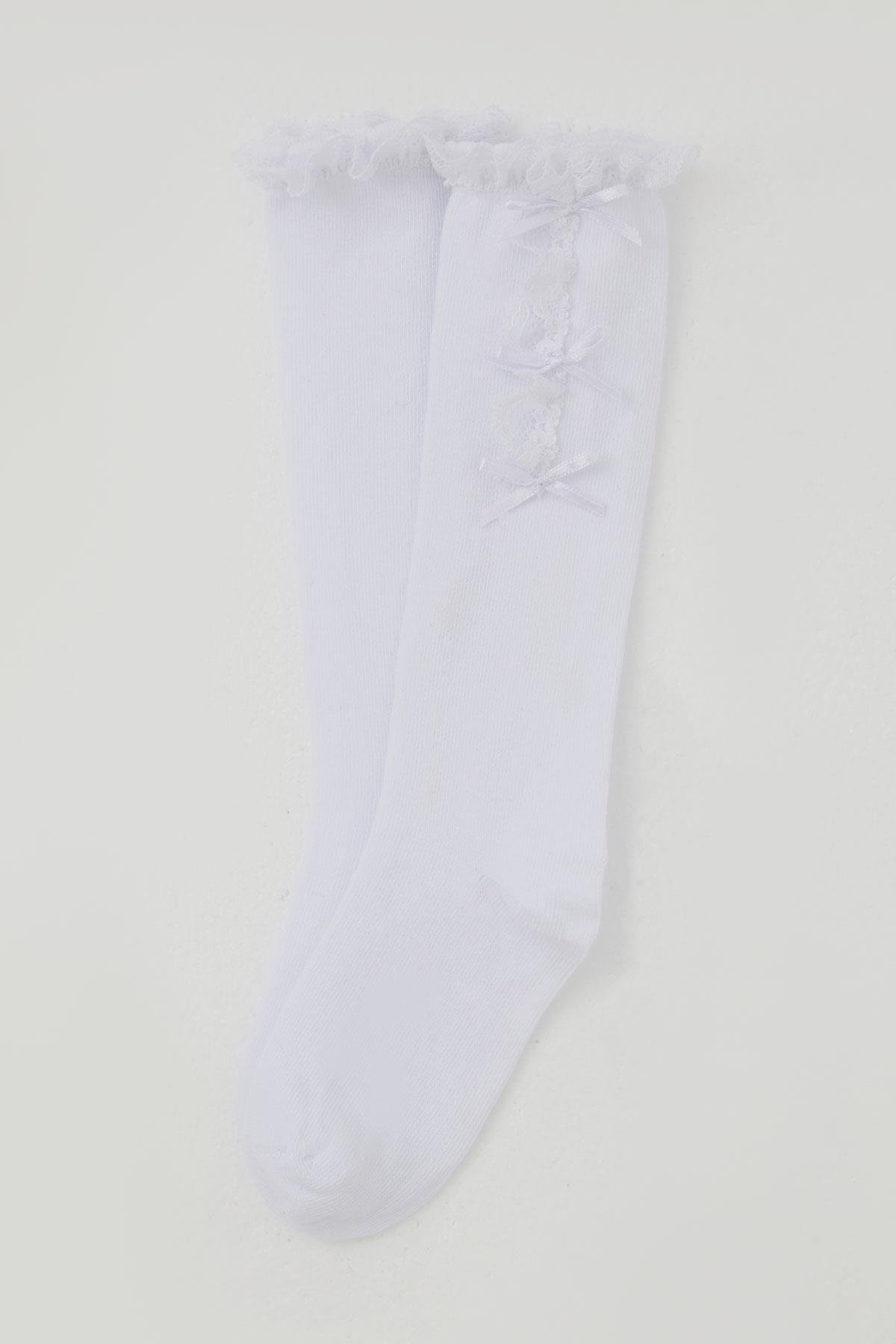 Katamino Kız Çocuk Golf Çorap Fiyonk Aksesuarlı Dantelli Beyaz (1-8 Yaş)