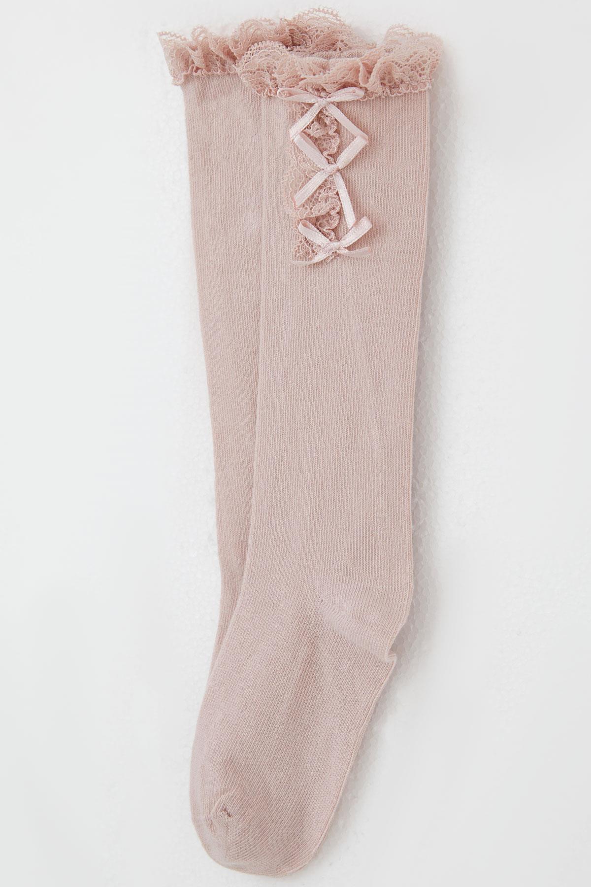 Katamino Kız Çocuk Golf Çorap Fiyonk Aksesuarlı Dantelli Gülkurusu (1-8 Yaş)