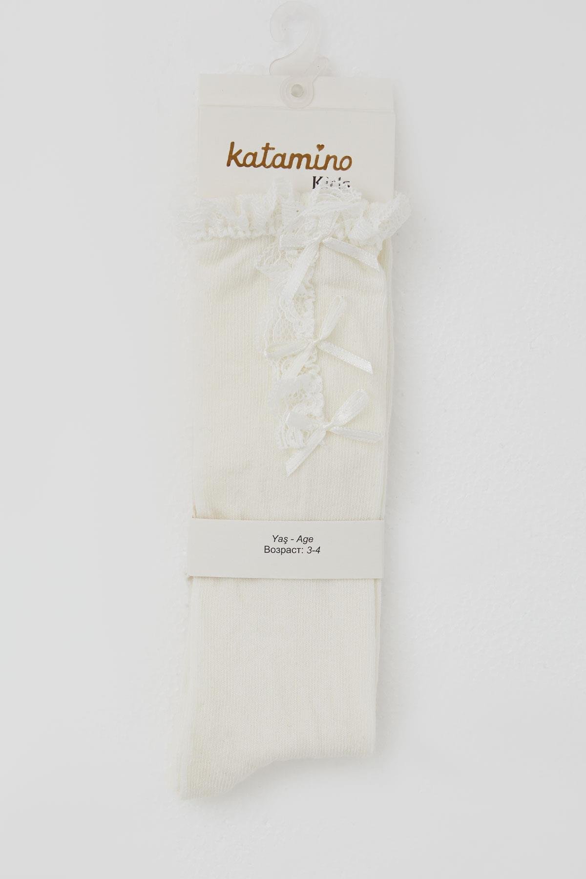 Katamino Kız Çocuk Golf Çorap Fiyonk Aksesuarlı Dantelli Krem (1-8 Yaş)