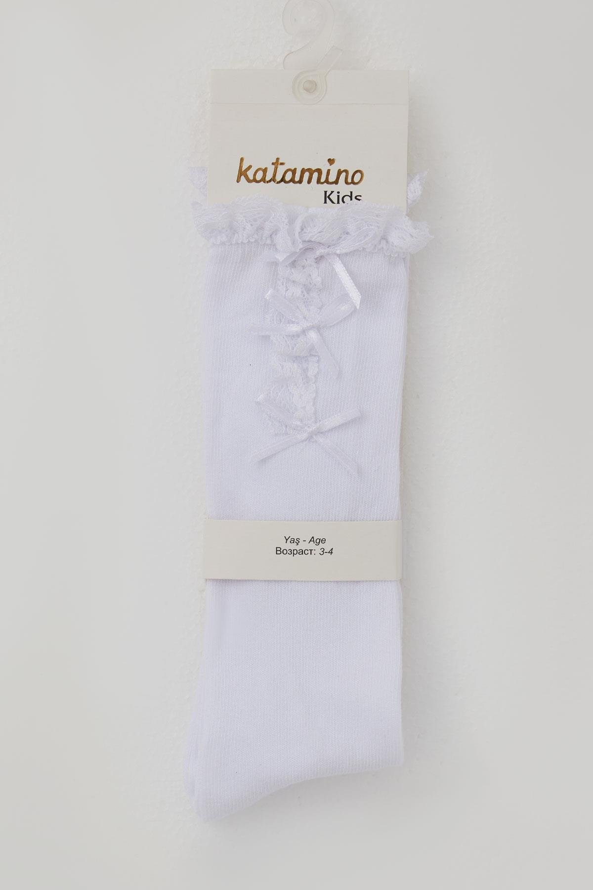 Katamino Kız Çocuk Golf Çorap Fiyonk Aksesuarlı Dantelli Beyaz (1-8 Yaş)