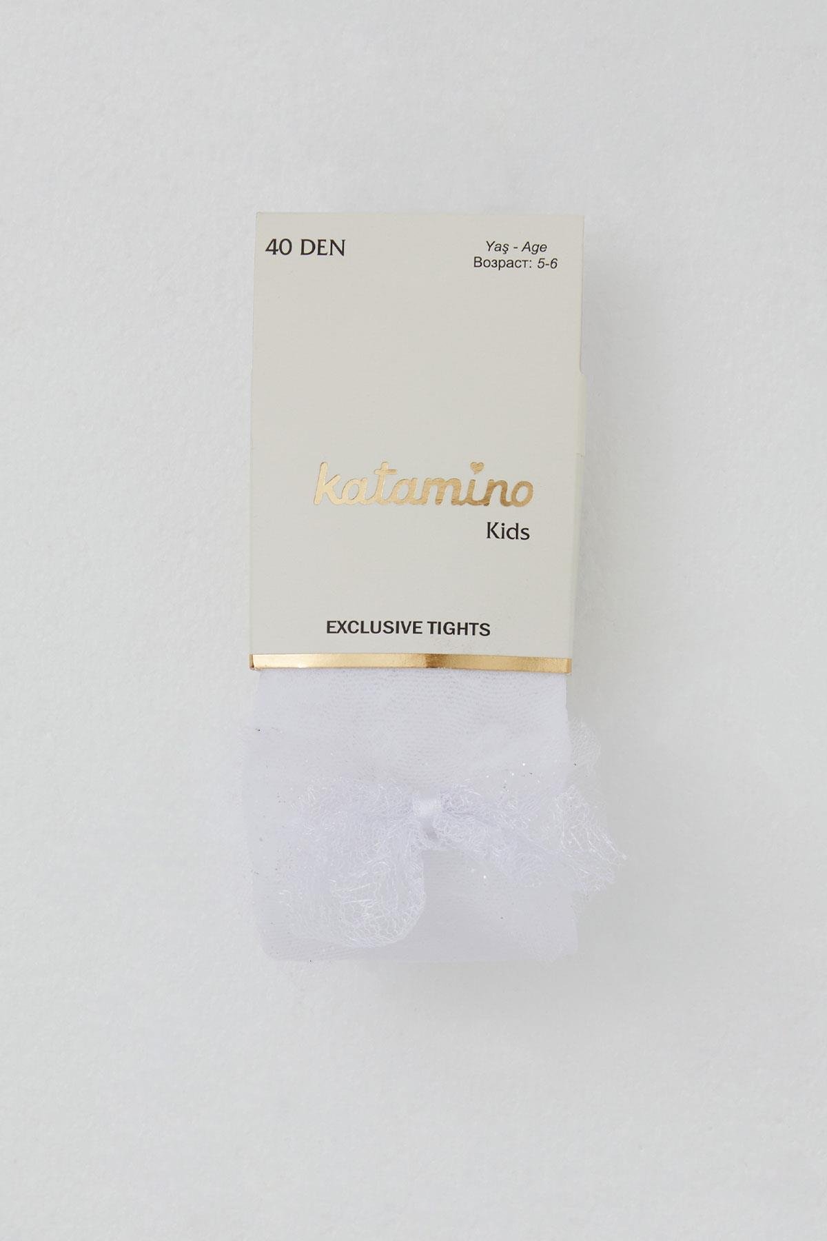 Katamino Kız Çocuk İnce Külotlu Çorap Çiçek Desenli Tül Fiyonk Aksesuarlı Beyaz (1-12 Yaş)