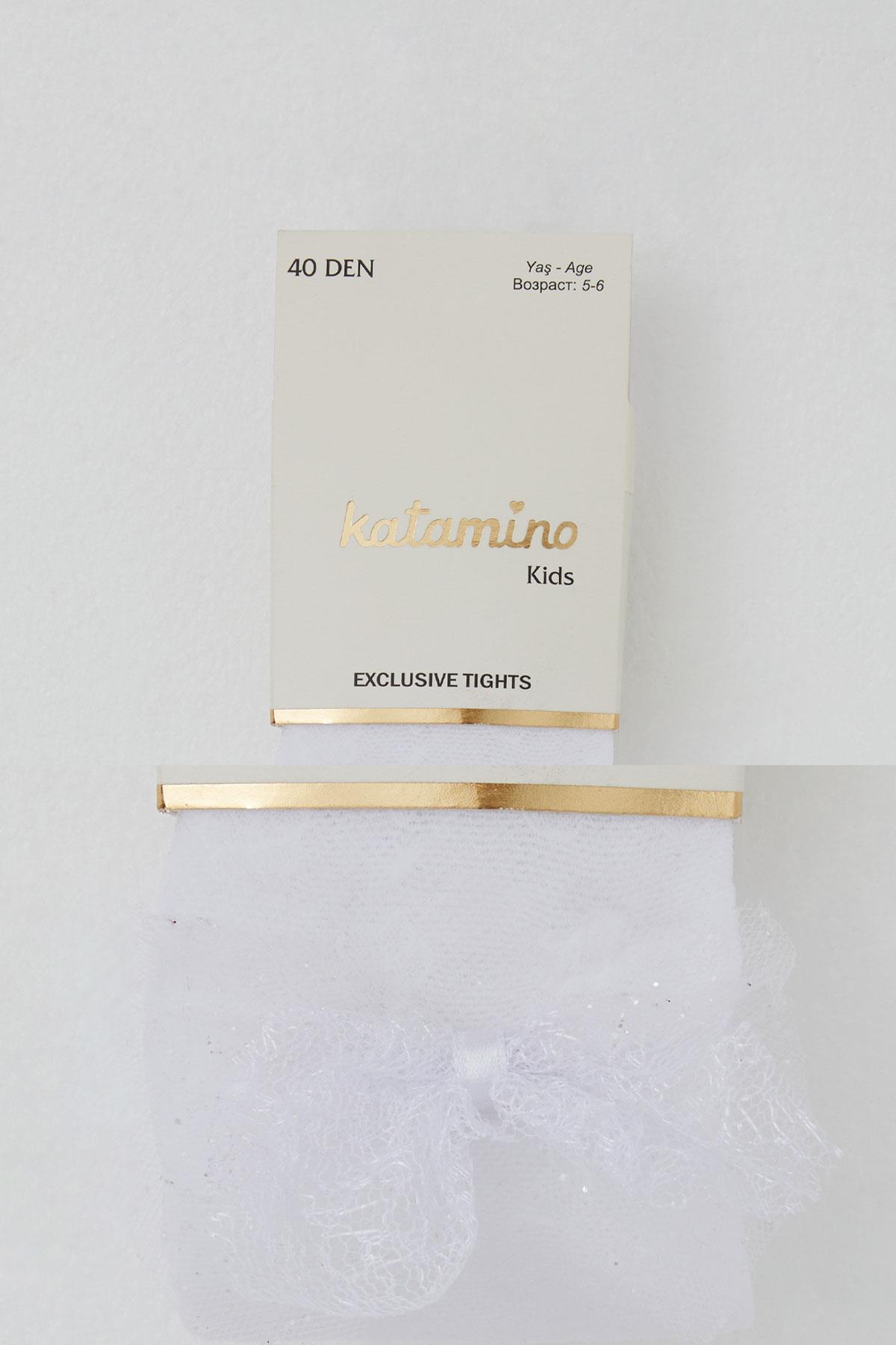 Katamino Kız Çocuk İnce Külotlu Çorap Çiçek Desenli Tül Fiyonk Aksesuarlı Beyaz (1-12 Yaş)