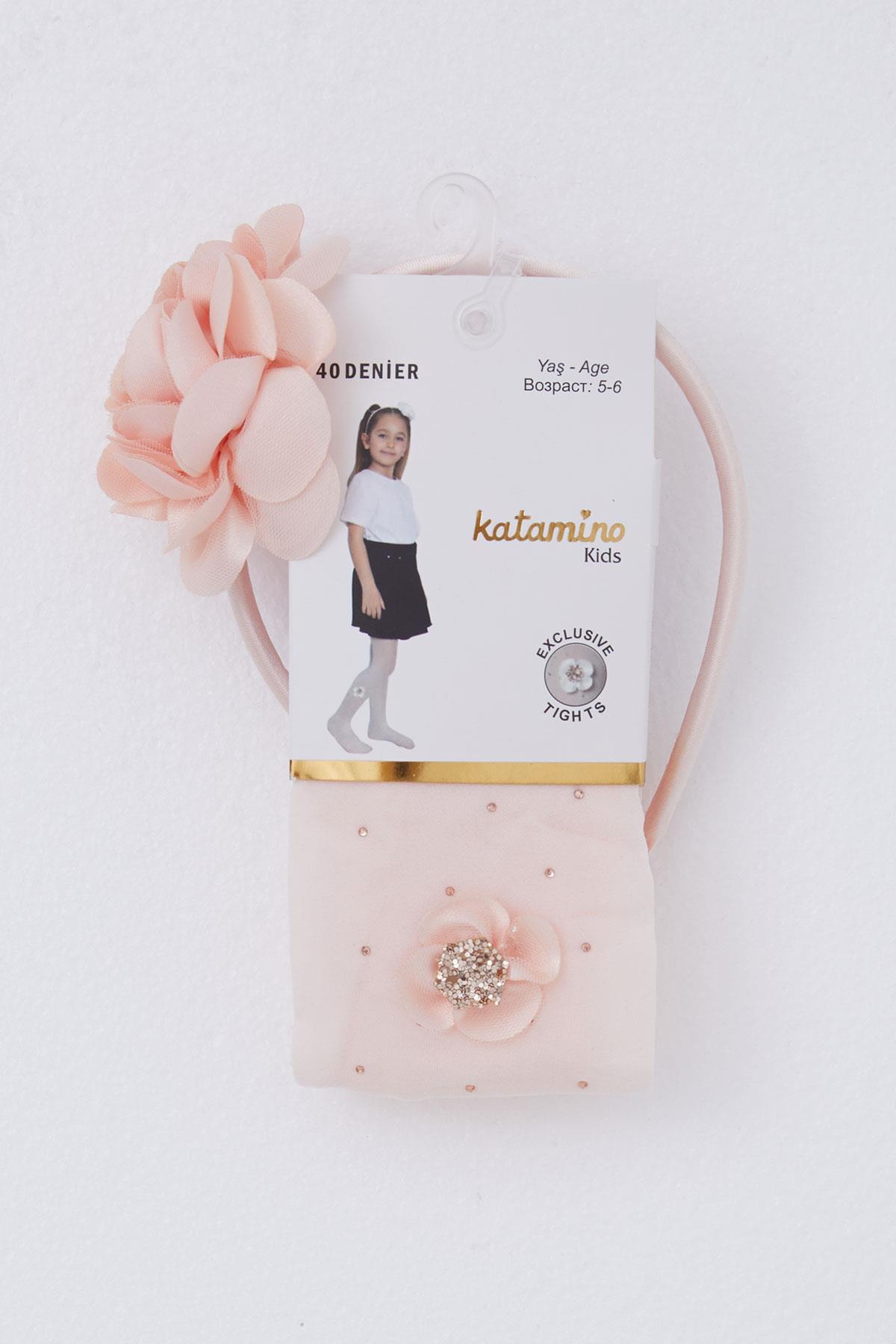 Katamino Kız Çocuk Külotlu Çorap Çiçek Aksesuarlı Taçlı Set Pudra (3-8 Yaş)