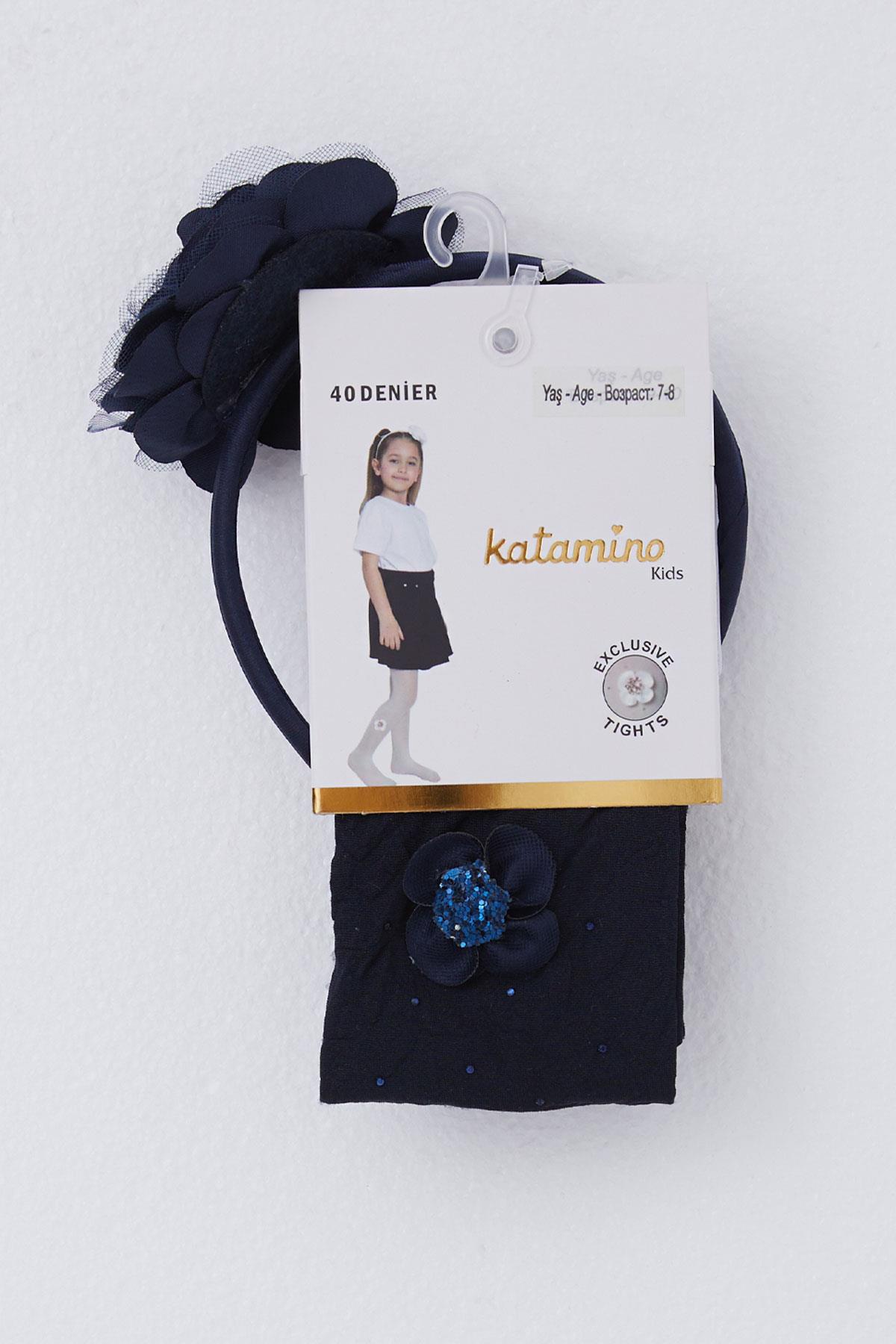 Katamino Kız Çocuk Külotlu Çorap Çiçek Aksesuarlı Taçlı Set Lacivert (3-8 Yaş)