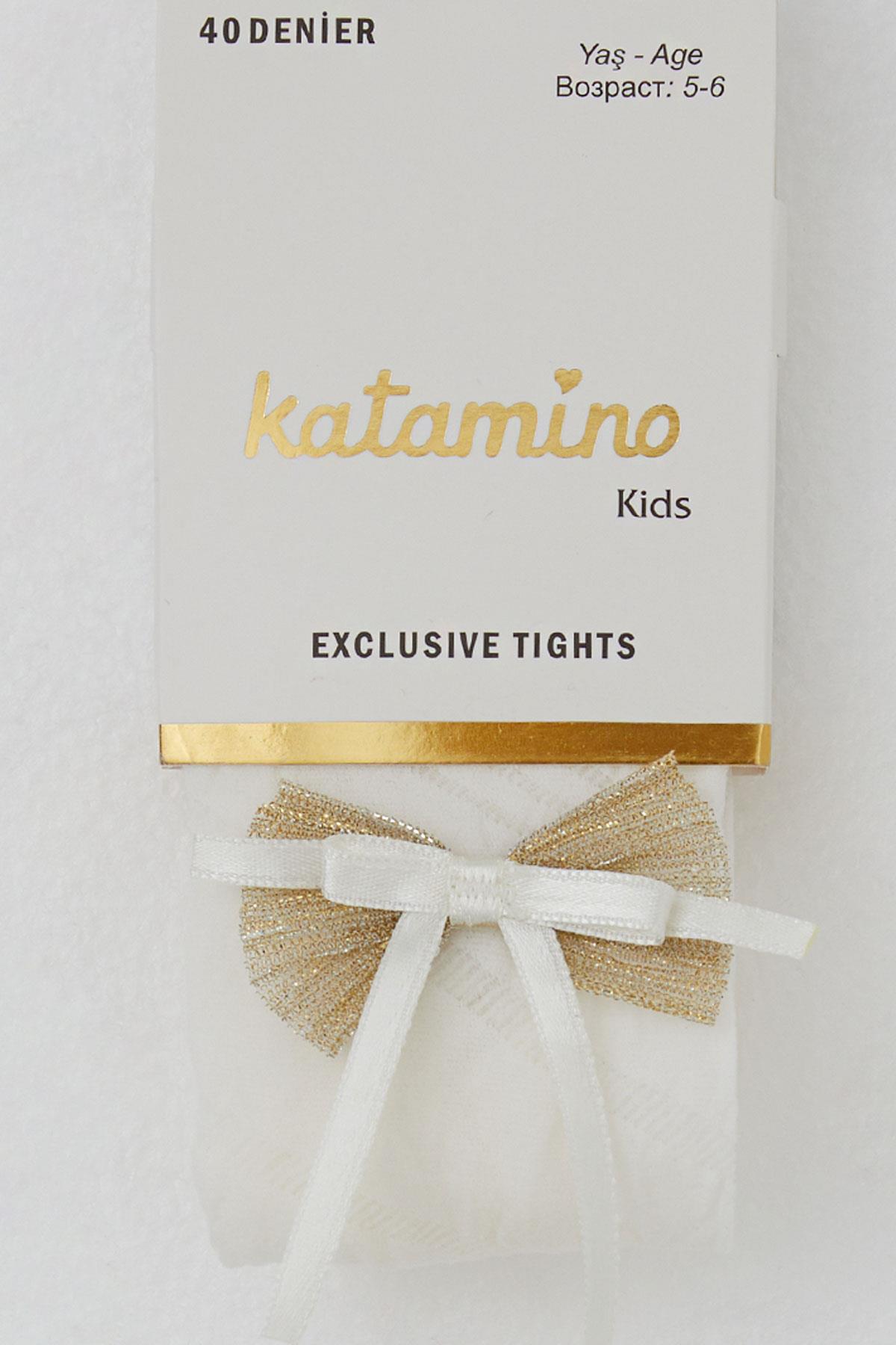 Katamino Kız Çocuk Külotlu Çorap İnce Fiyonk Aksesuarlı Ekru (3-12 Yaş)