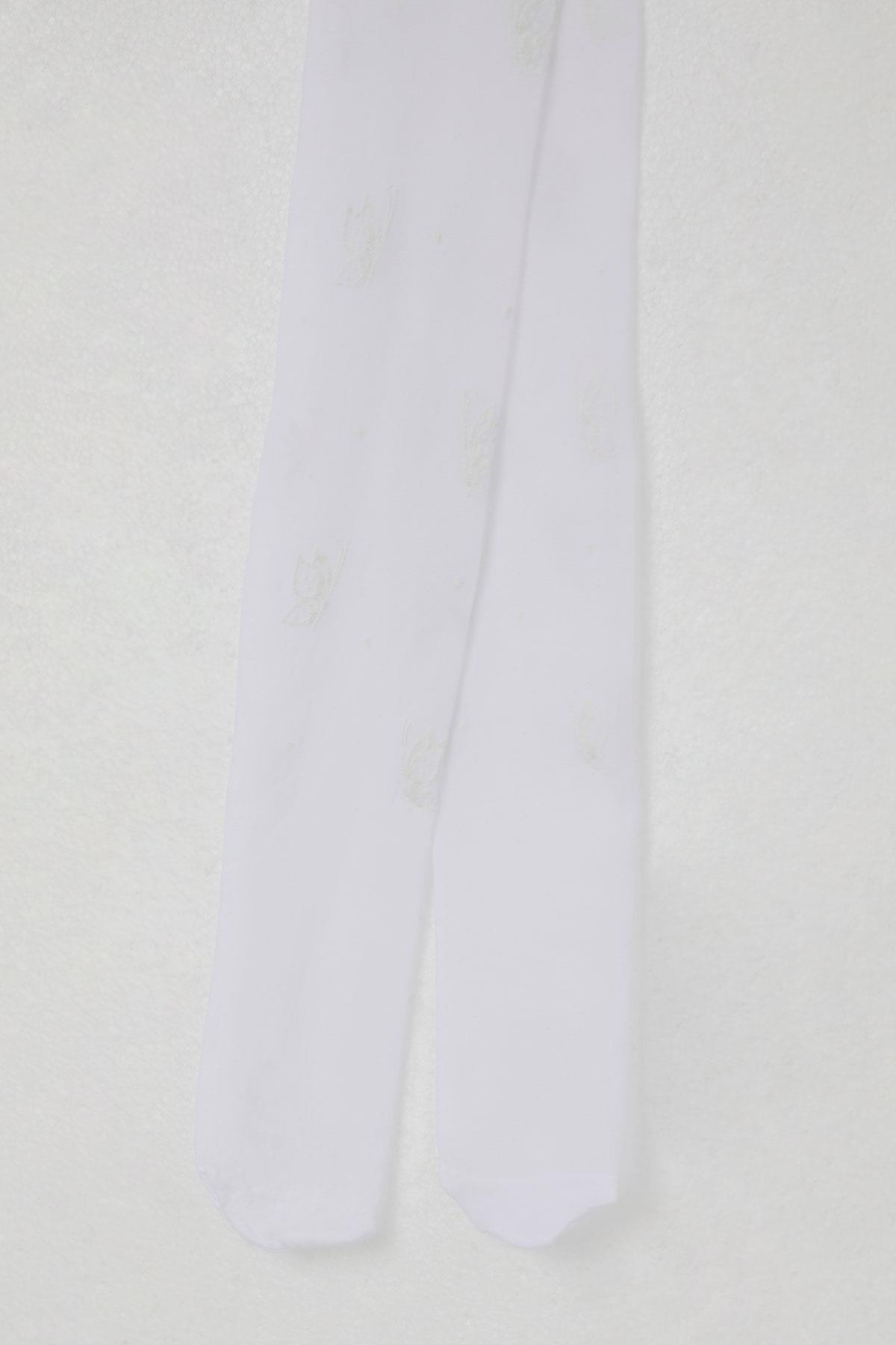 Katamino Kız Çocuk Külotlu Çorap İnce Kelebek Baskılı Beyaz (3-6 Yaş)