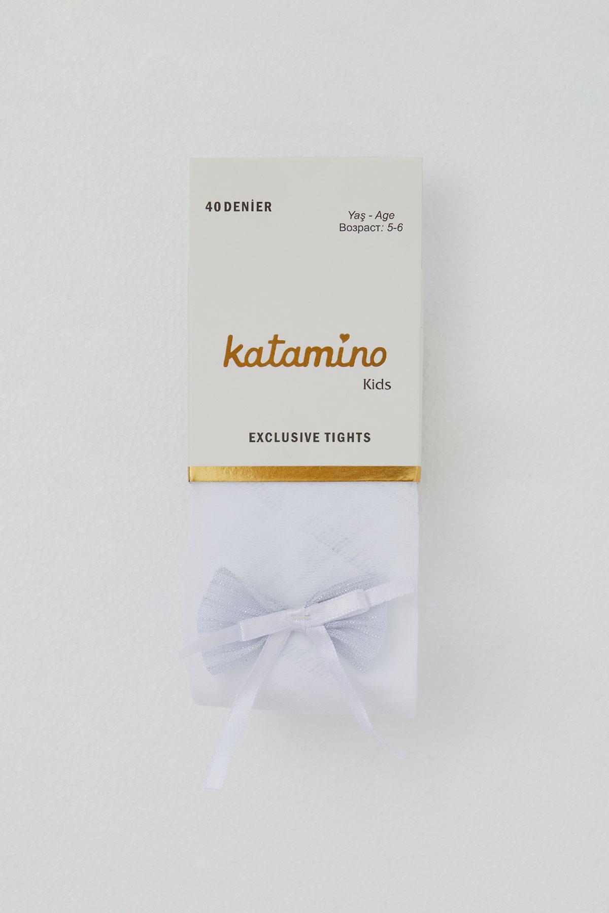 Katamino Kız Çocuk Külotlu Çorap İnce Fiyonk Aksesuarlı Beyaz (3-12 Yaş)