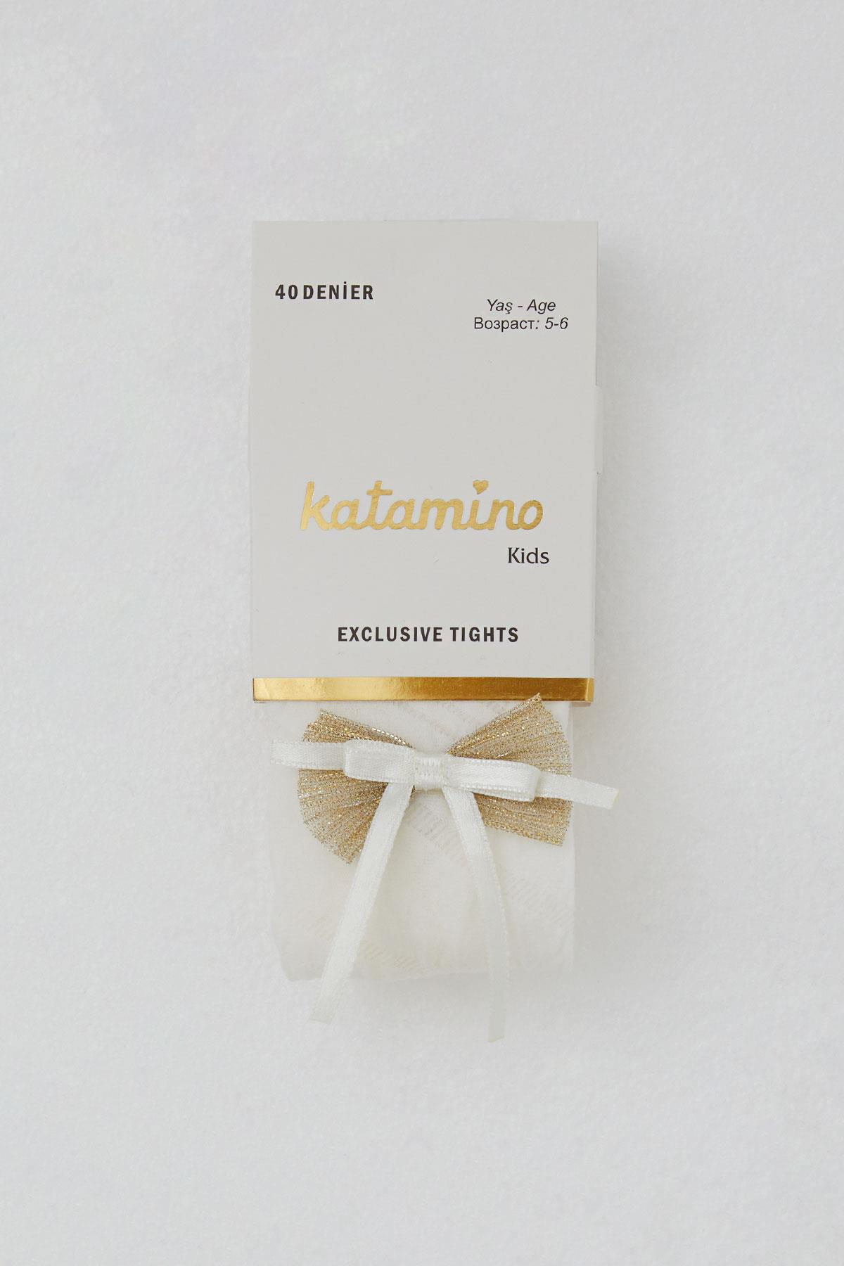 Katamino Kız Çocuk Külotlu Çorap İnce Fiyonk Aksesuarlı Ekru (3-12 Yaş)