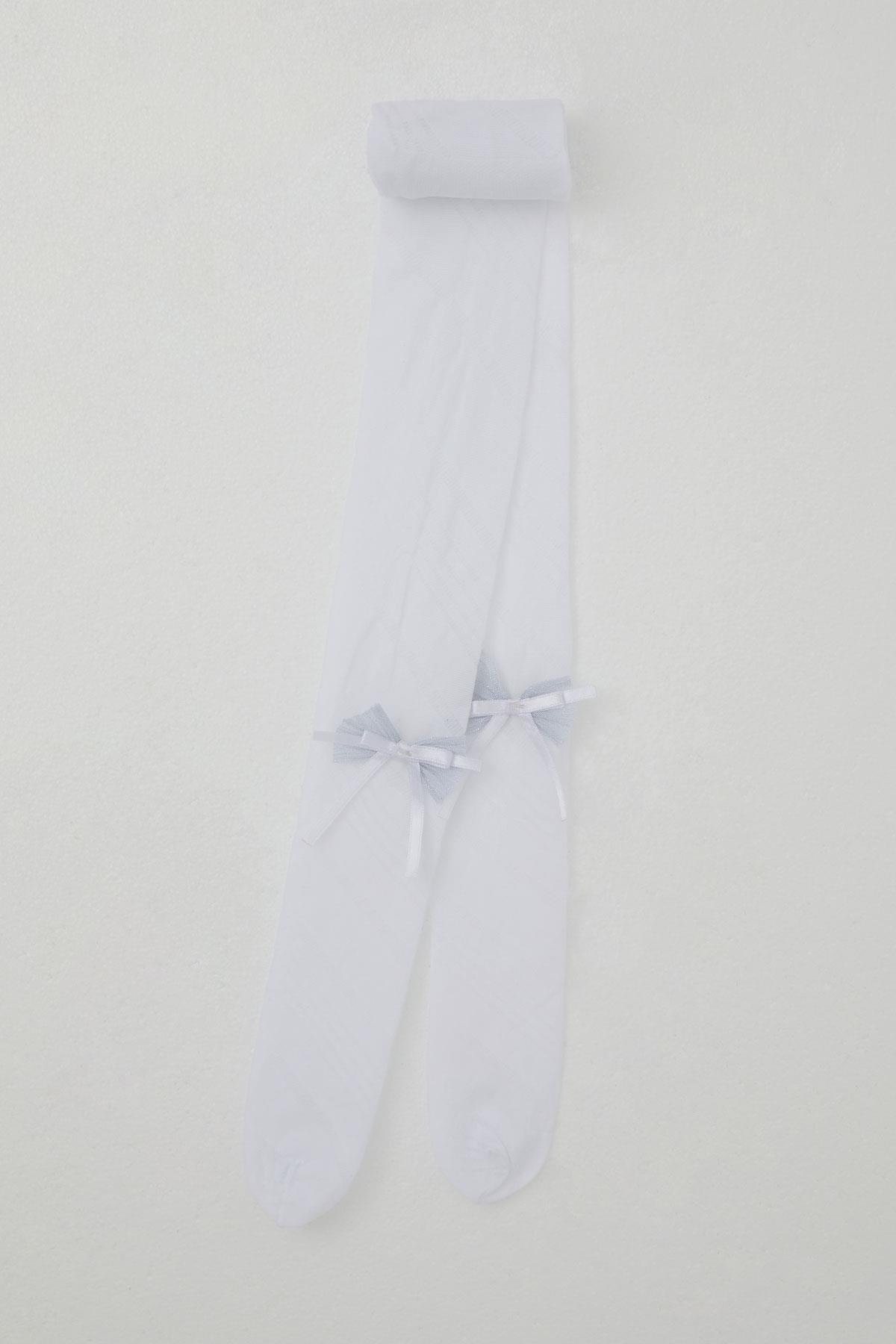 Katamino Kız Çocuk Külotlu Çorap İnce Fiyonk Aksesuarlı Beyaz (3-12 Yaş)