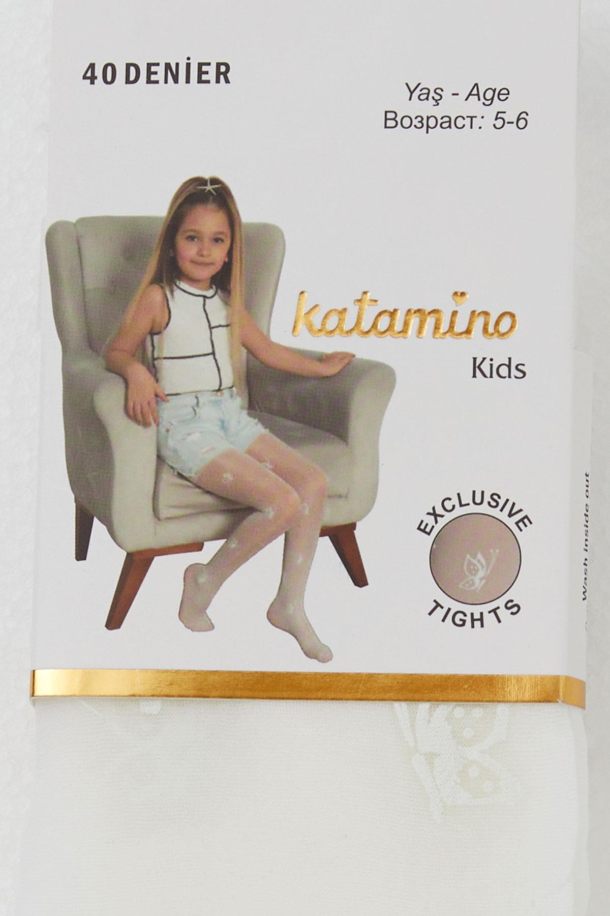 Katamino Kız Çocuk Külotlu Çorap İnce Kelebek Baskılı Ekru (3-6 Yaş)