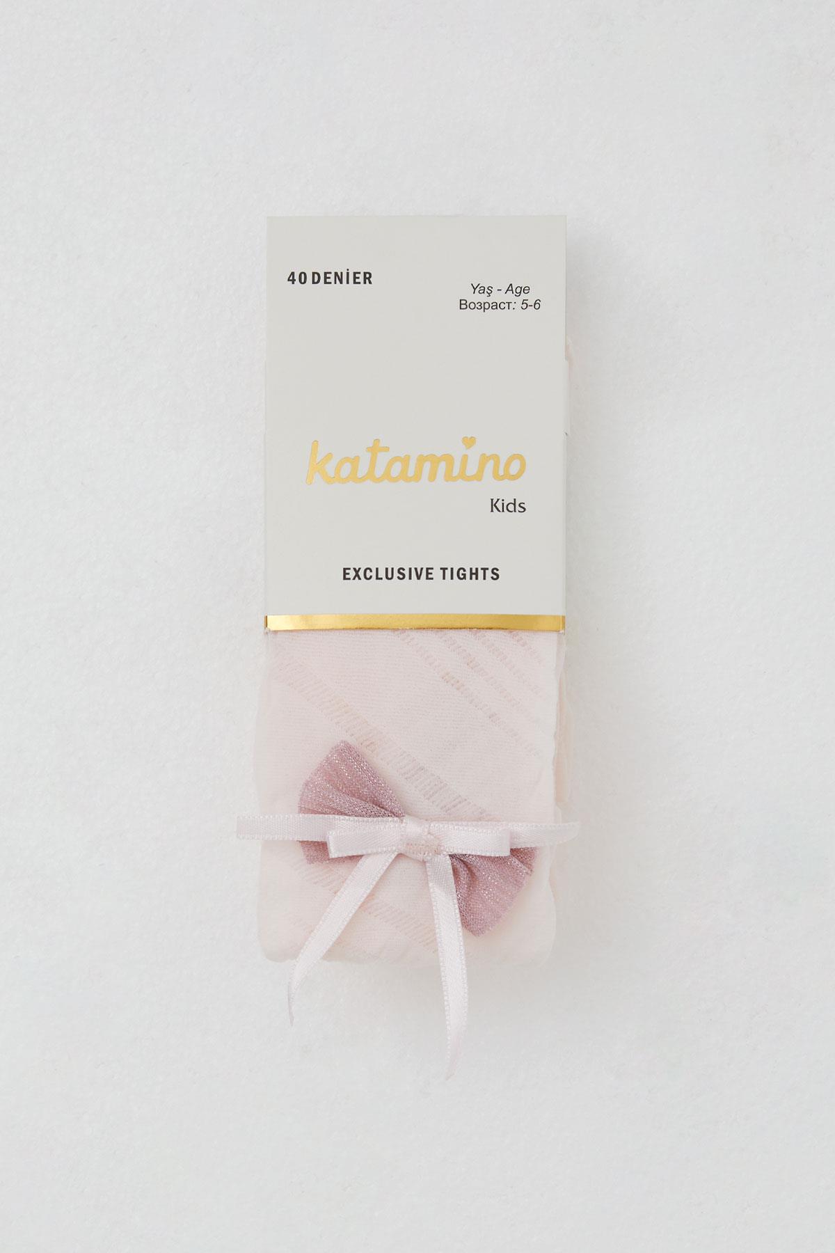 Katamino Kız Çocuk Külotlu Çorap İnce Fiyonk Aksesuarlı Pembe (3-6 Yaş)