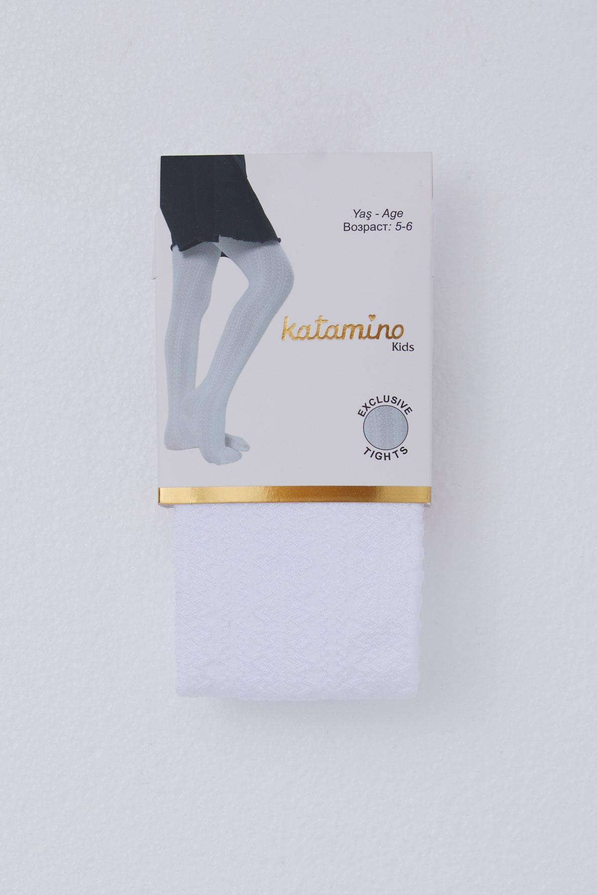 Katamino Kız Çocuk Külotlu Çorap Kendinden Desenli Beyaz (5-14 Yaş)