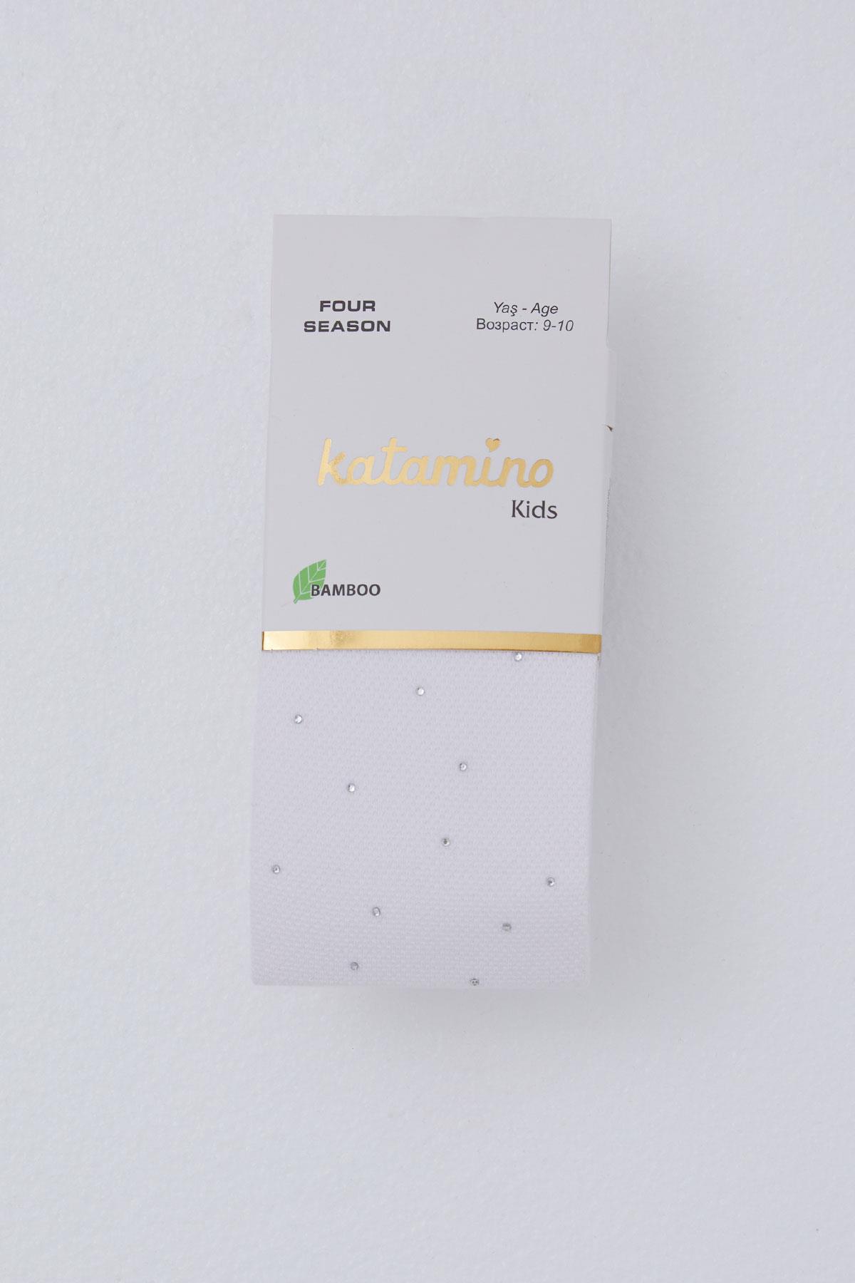 Katamino Kız Çocuk Külotlu Çorap Taş Aksesuarlı Dokulu Ekru (7-10 Yaş)