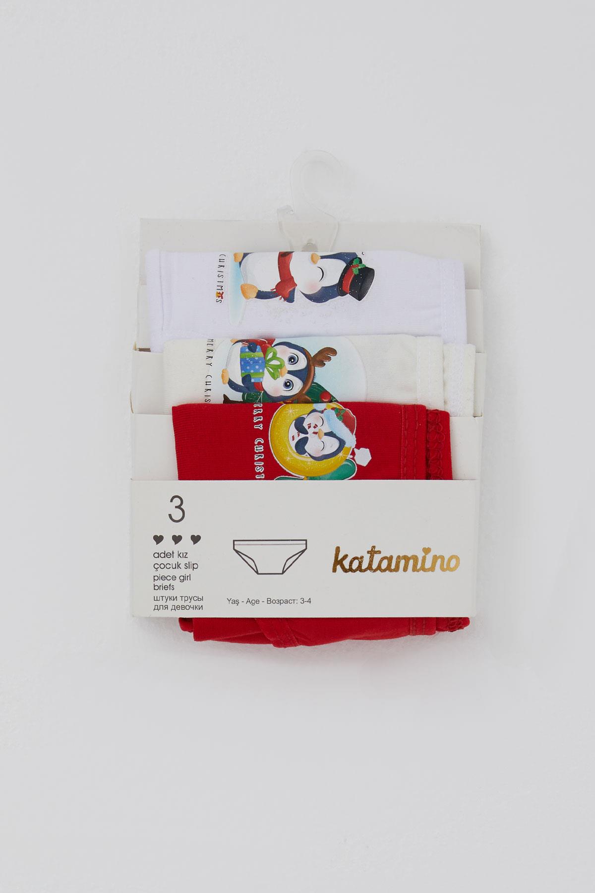 Katamino Kız Çocuk Slip 3 lü Yılbaşı Temalı Sevimli Penguen Baskılı Karışık Renk (1-10 Yaş)