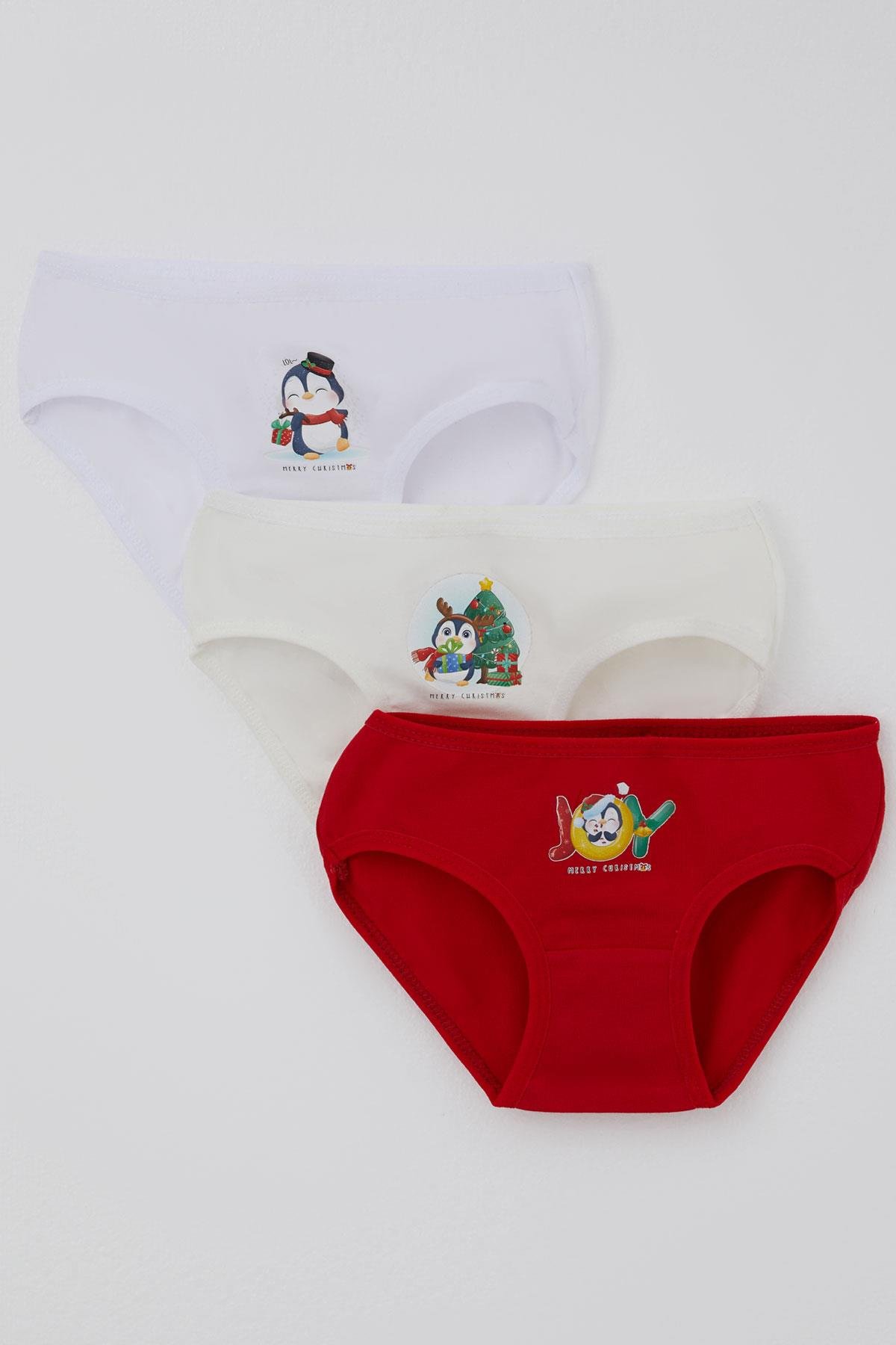 Katamino Kız Çocuk Slip 3 lü Yılbaşı Temalı Sevimli Penguen Baskılı Karışık Renk (1-10 Yaş)