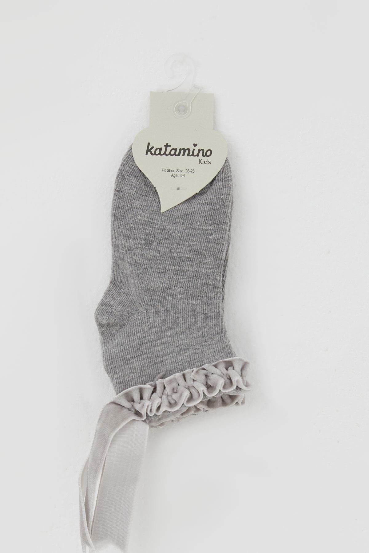 Katamino Kız Çocuk Soket Çorap Bilek Kısmı Fırfır Detaylı Gri Melanj (1-12 Yaş)