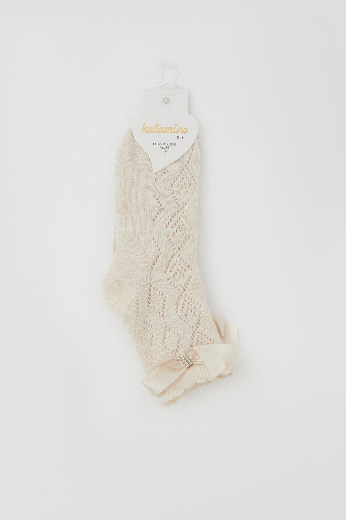 Katamino Kız Çocuk Soket Çorap File Detaylı Krem (5-10 Yaş)