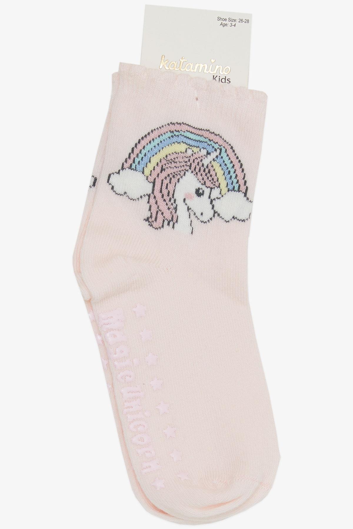 KATAMİNO Kız Çocuk Soket Çorap Unicorn Baskılı Abs li Pembe (3-6 Yaş)