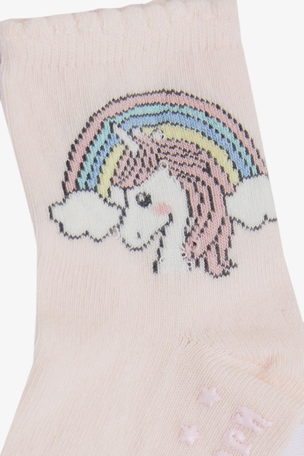 KATAMİNO Kız Çocuk Soket Çorap Unicorn Baskılı Abs li Pembe (3-6 Yaş)