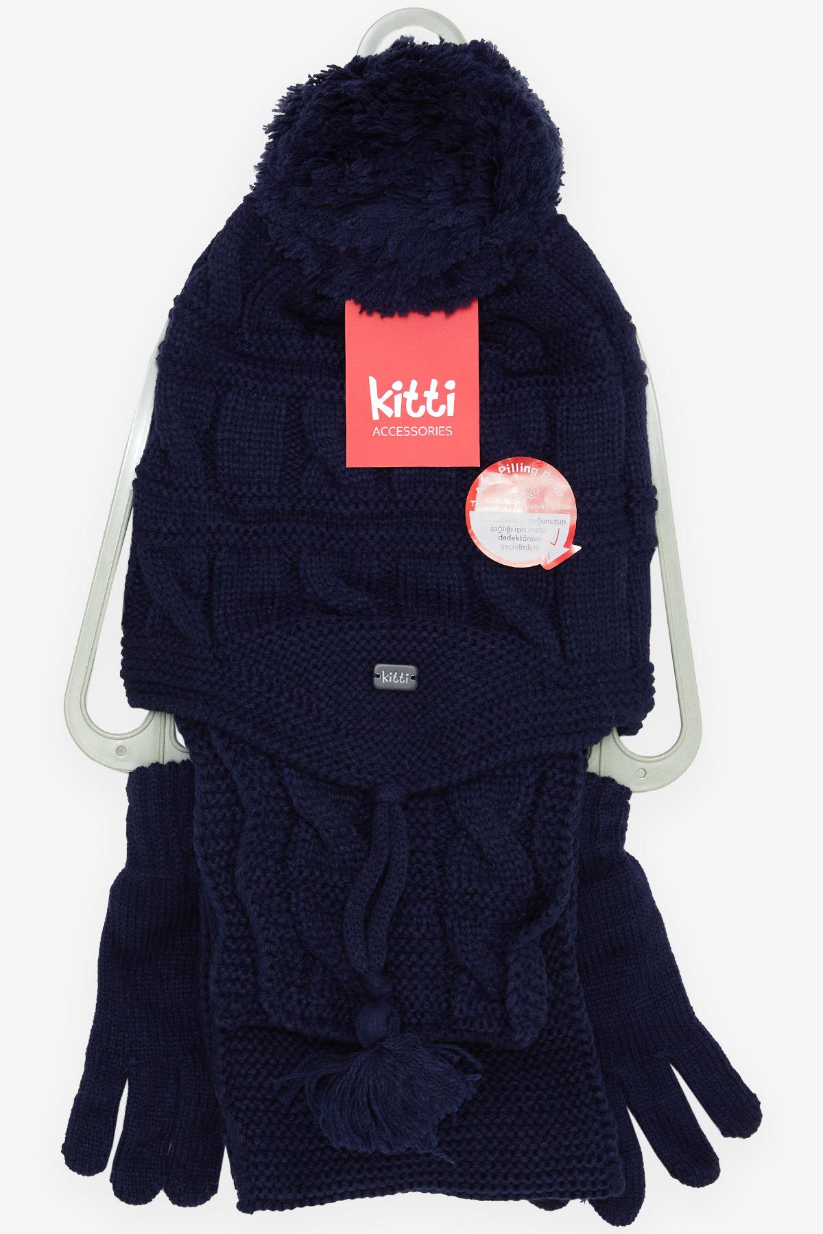 Kitti Erkek Çocuk Atkı Bere Takımı 3 lü Set Ponponlu Armalı Lacivert (4-8 Yaş)
