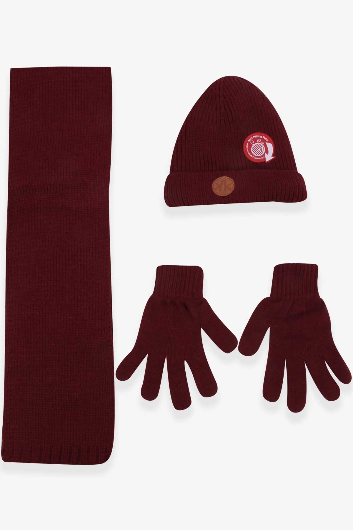 Kitti Erkek Çocuk Atkı Bere Takımı 3 lü Set Bordo (9-15 Yaş)