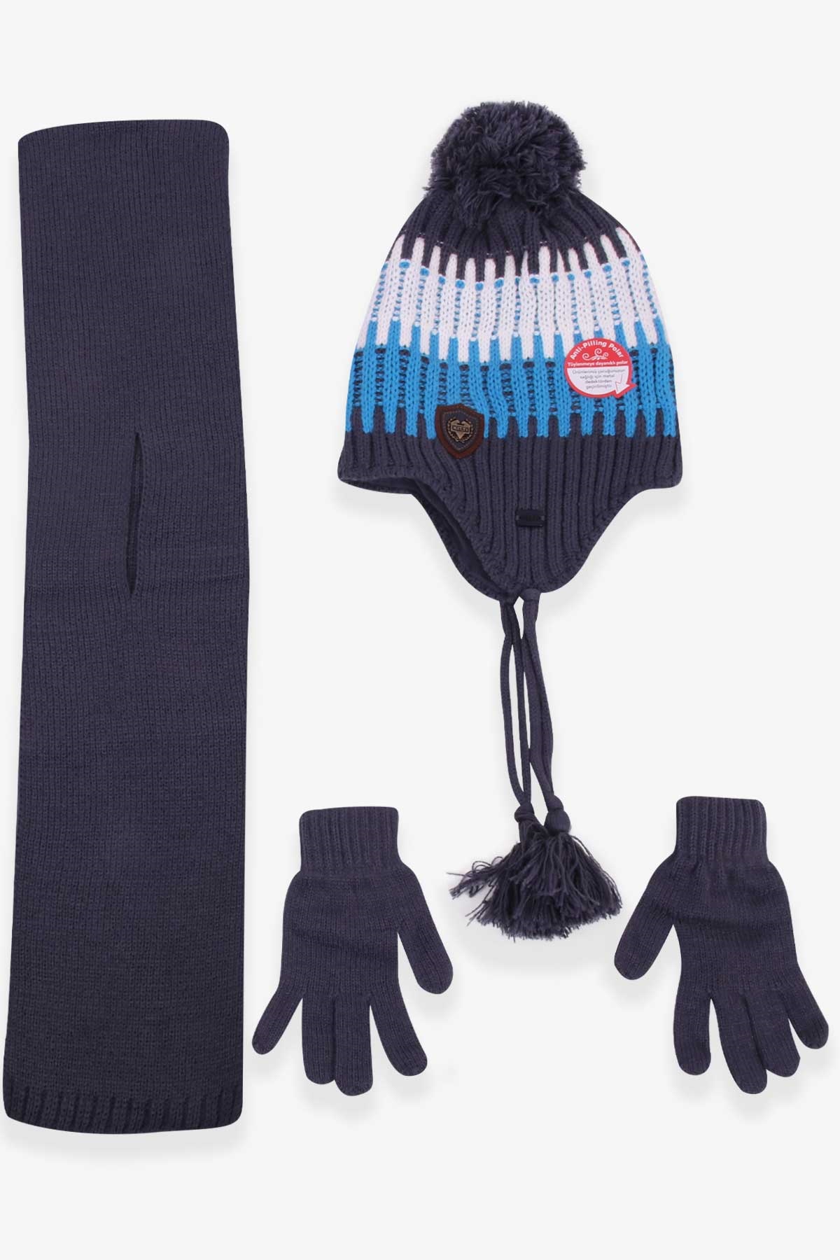 Kitti Erkek Çocuk Atkı Bere Takımı 3 lü Set Füme (4-8 Yaş)