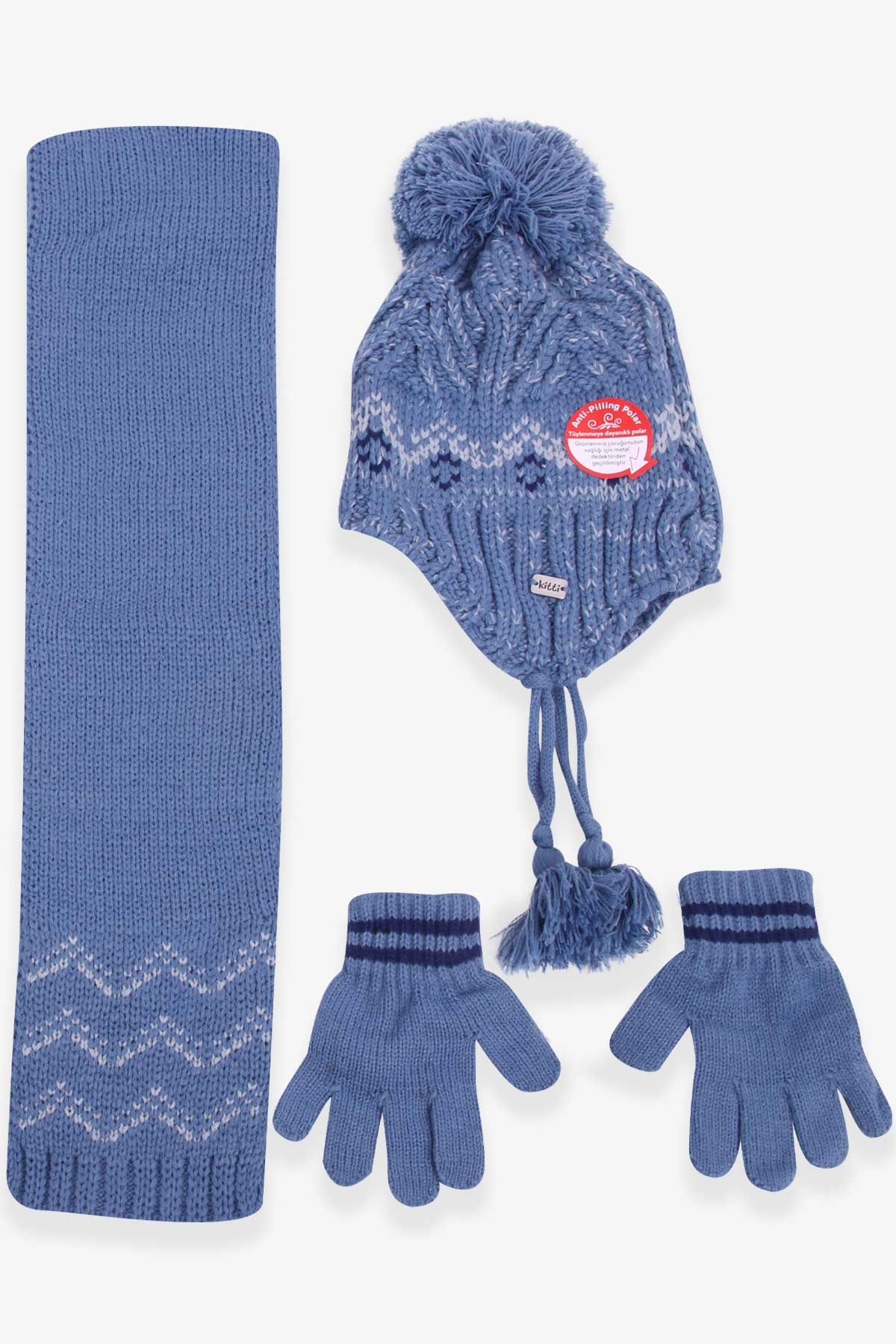 Kitti Erkek Çocuk Atkı Bere Takımı 3 lü Set Açık Mavi (1-4 Yaş)