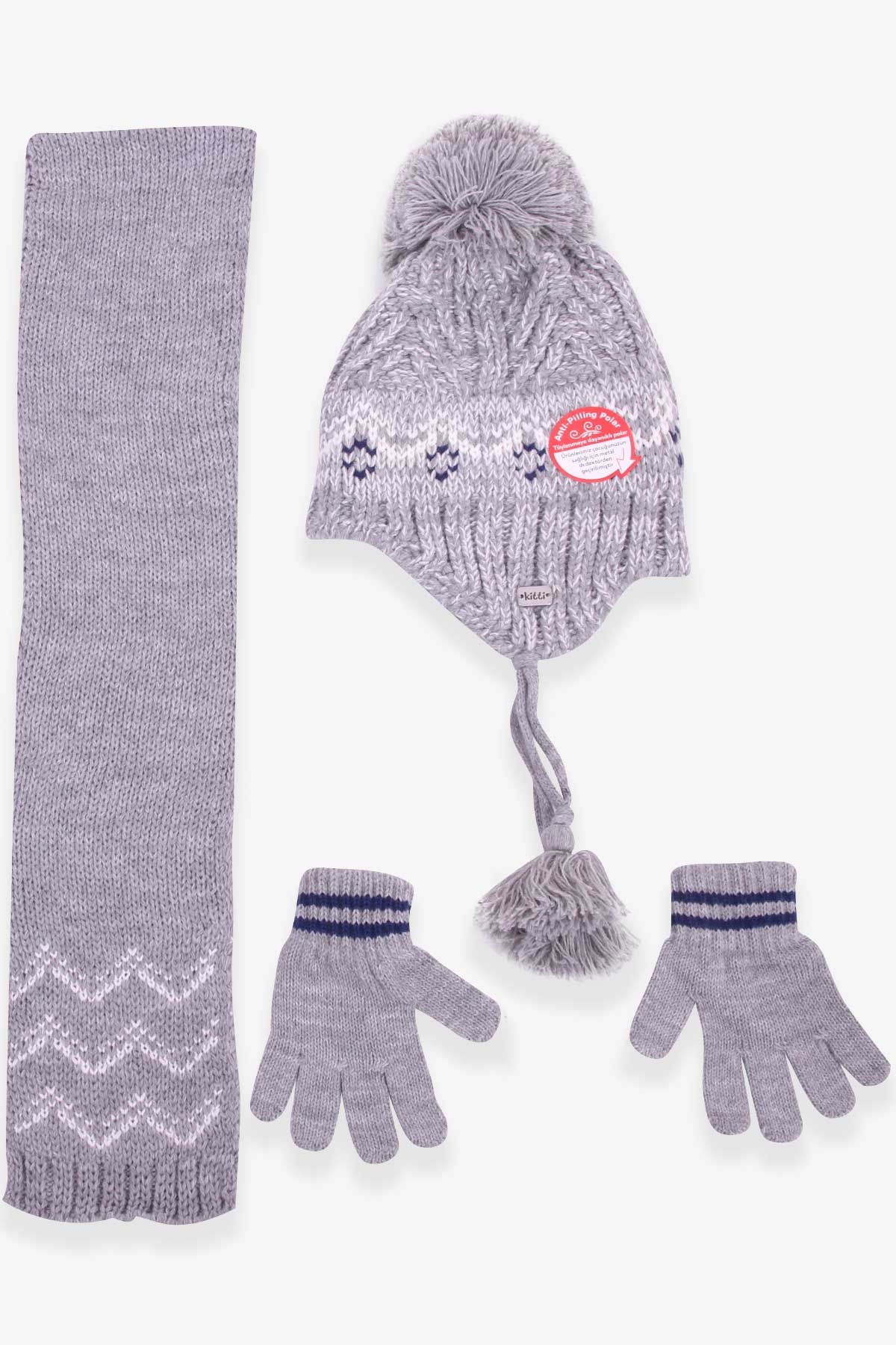 Kitti Erkek Çocuk Atkı Bere Takımı 3 lü Set Gri (1-4 Yaş)