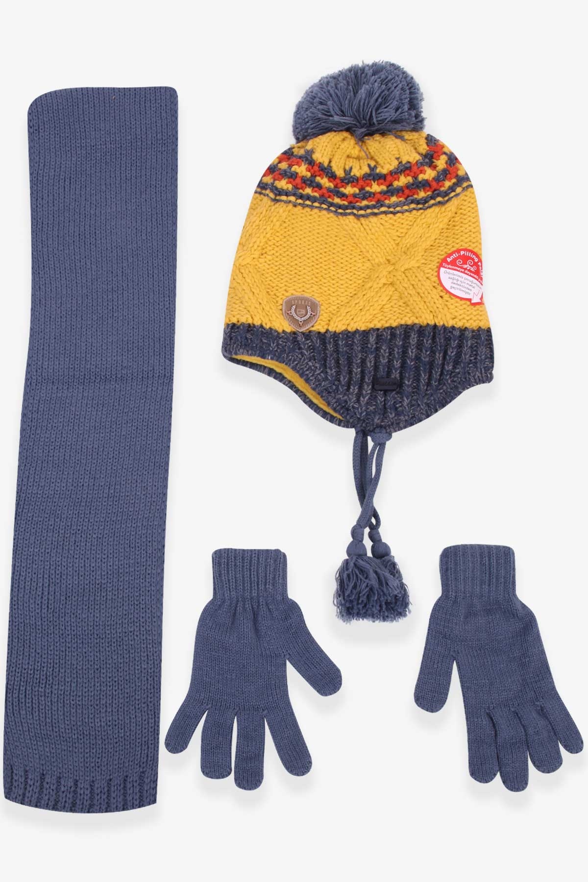 Kitti Erkek Çocuk Atkı Bere Takımı 3 lü Set İndigo (4-8 Yaş)