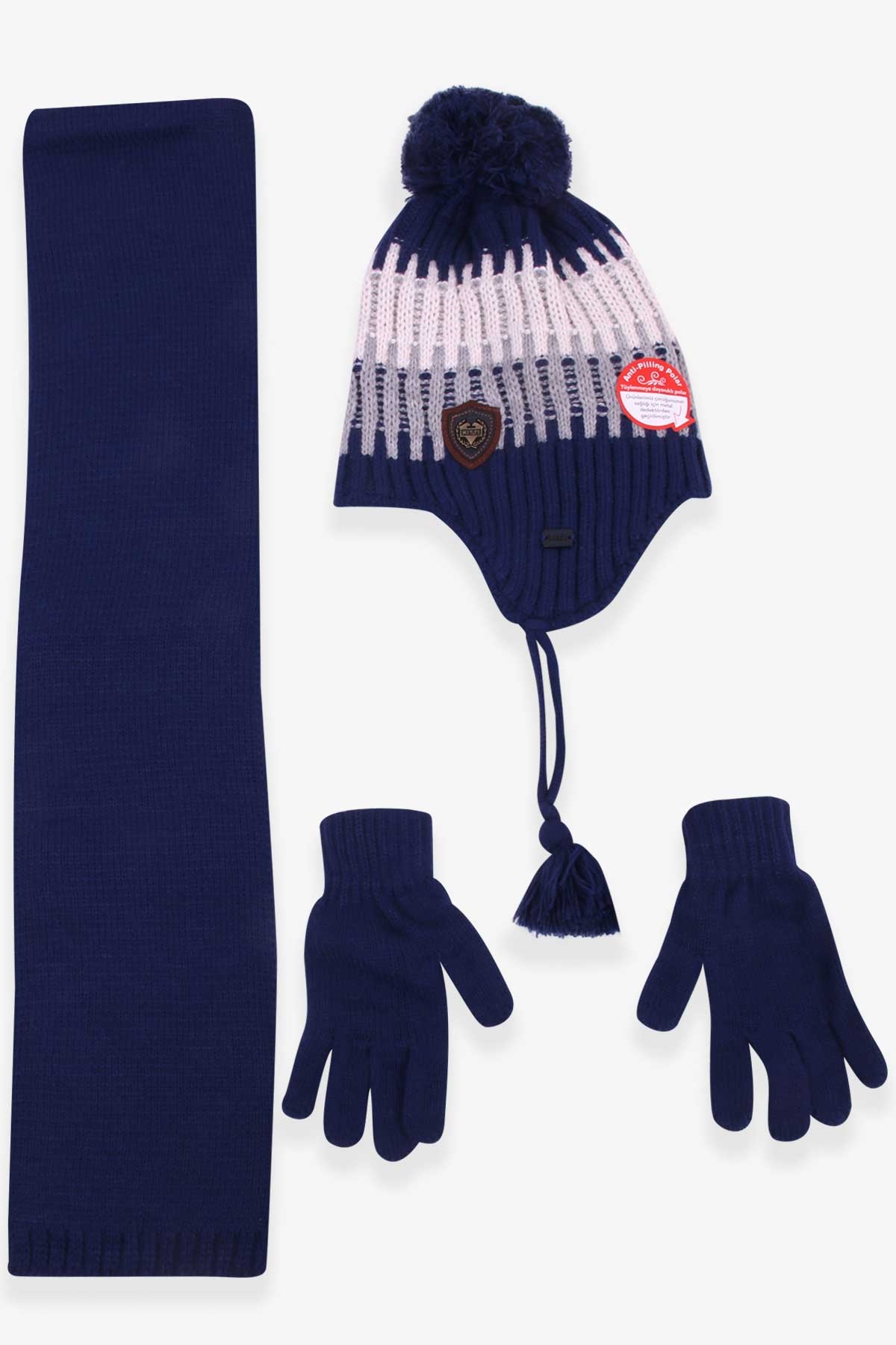 Kitti Erkek Çocuk Atkı Bere Takımı 3 lü Set Koyu Mavi (4-8 Yaş)