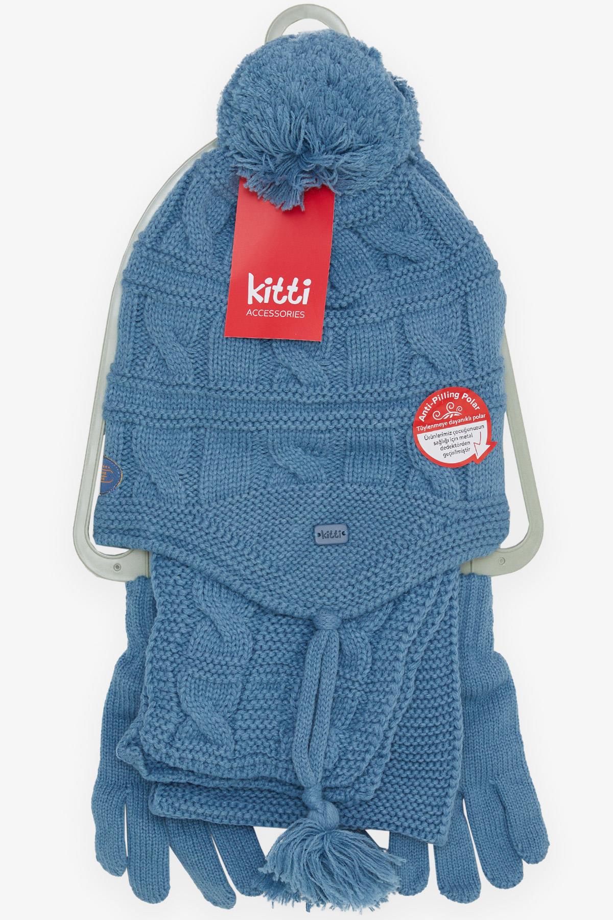 Kitti Erkek Çocuk Atkı Bere Takımı 3 lü Set Ponponlu Armalı İndigo (4-8 Yaş)