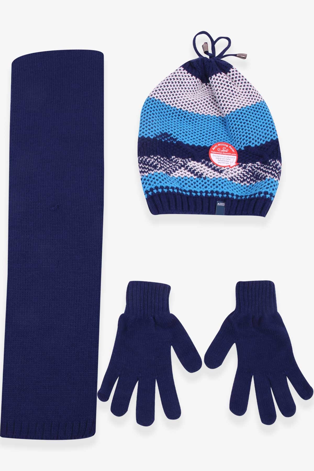 Kitti Erkek Çocuk Atkı Bere Takımı 3 lü Set Koyu Mavi (9-15 Yaş)