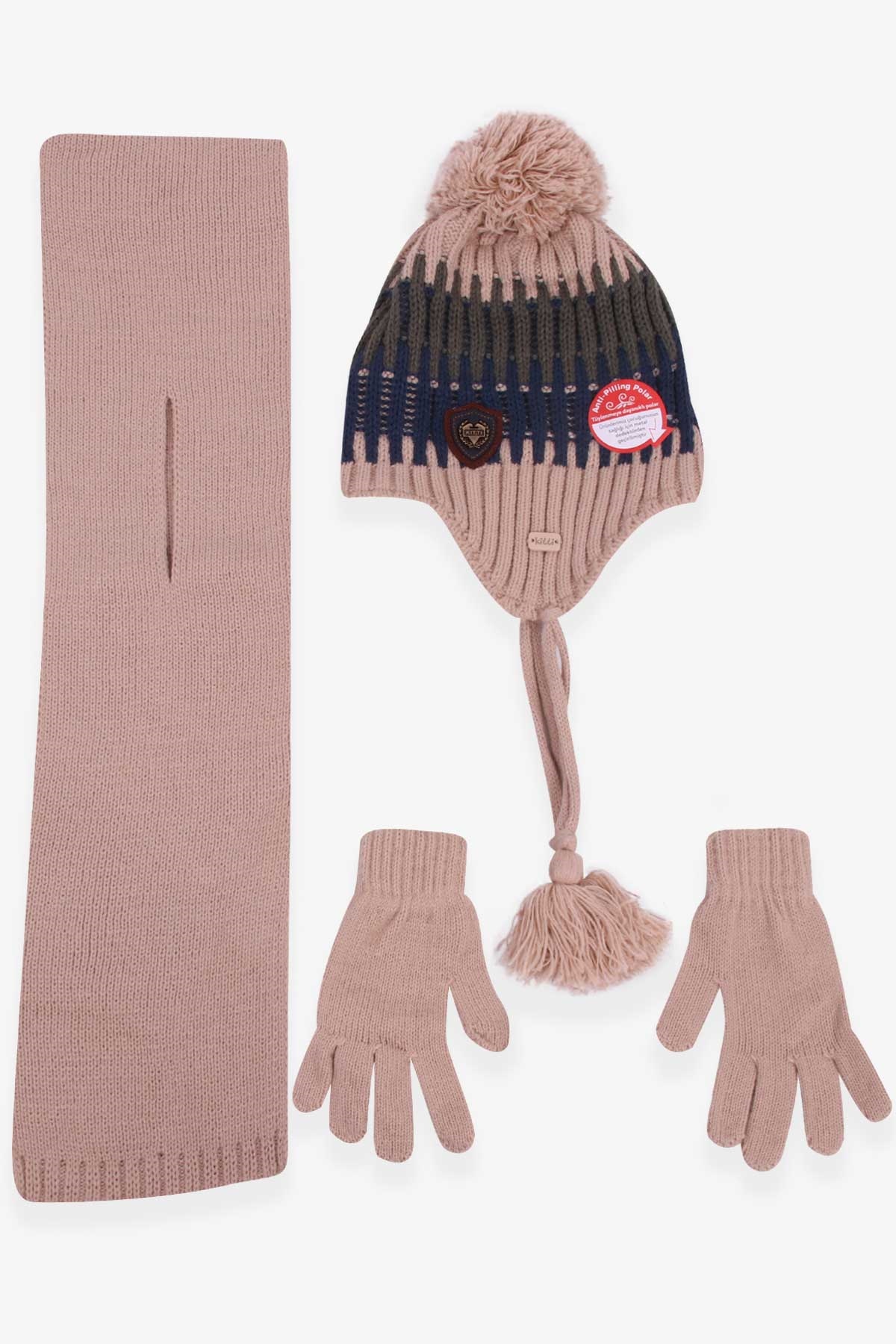 Kitti Erkek Çocuk Atkı Bere Takımı 3 lü Set Açık Kahverengi (4-8 Yaş)