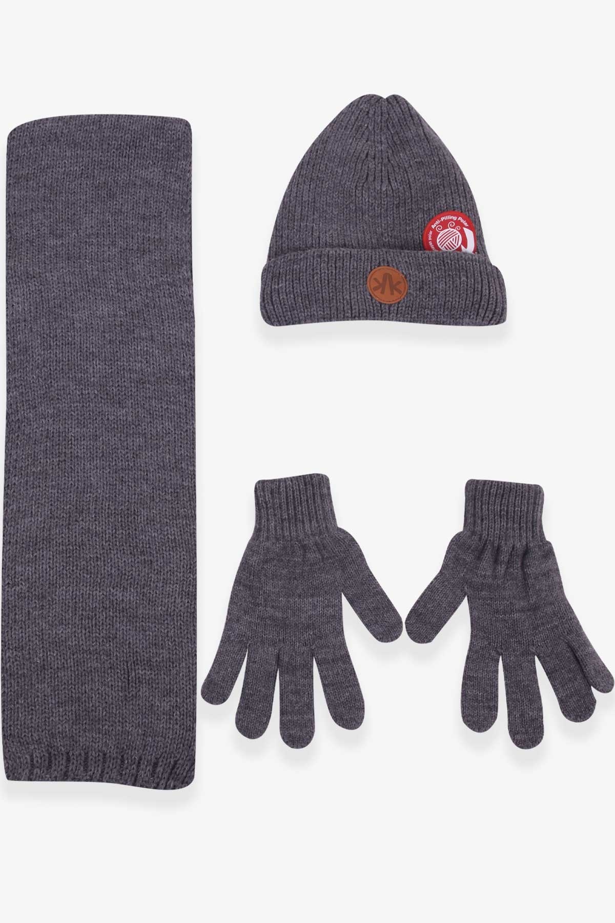 Kitti Erkek Çocuk Atkı Bere Takımı 3 lü Set Füme (9-15 Yaş)