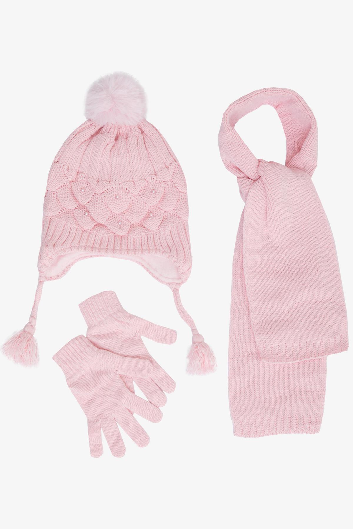 Kitti Kız Çocuk Atkı Bere Takımı 3 lü Set İncili Ponponlu Pembe (4-8 Yaş)