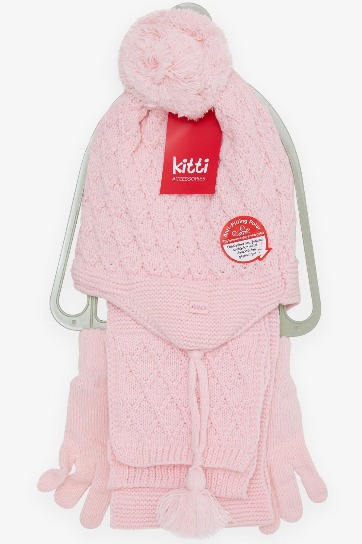 Kitti Kız Çocuk Atkı Bere Takımı 3 lü Set Armalı Ponponlu Pembe (4-8 Yaş)