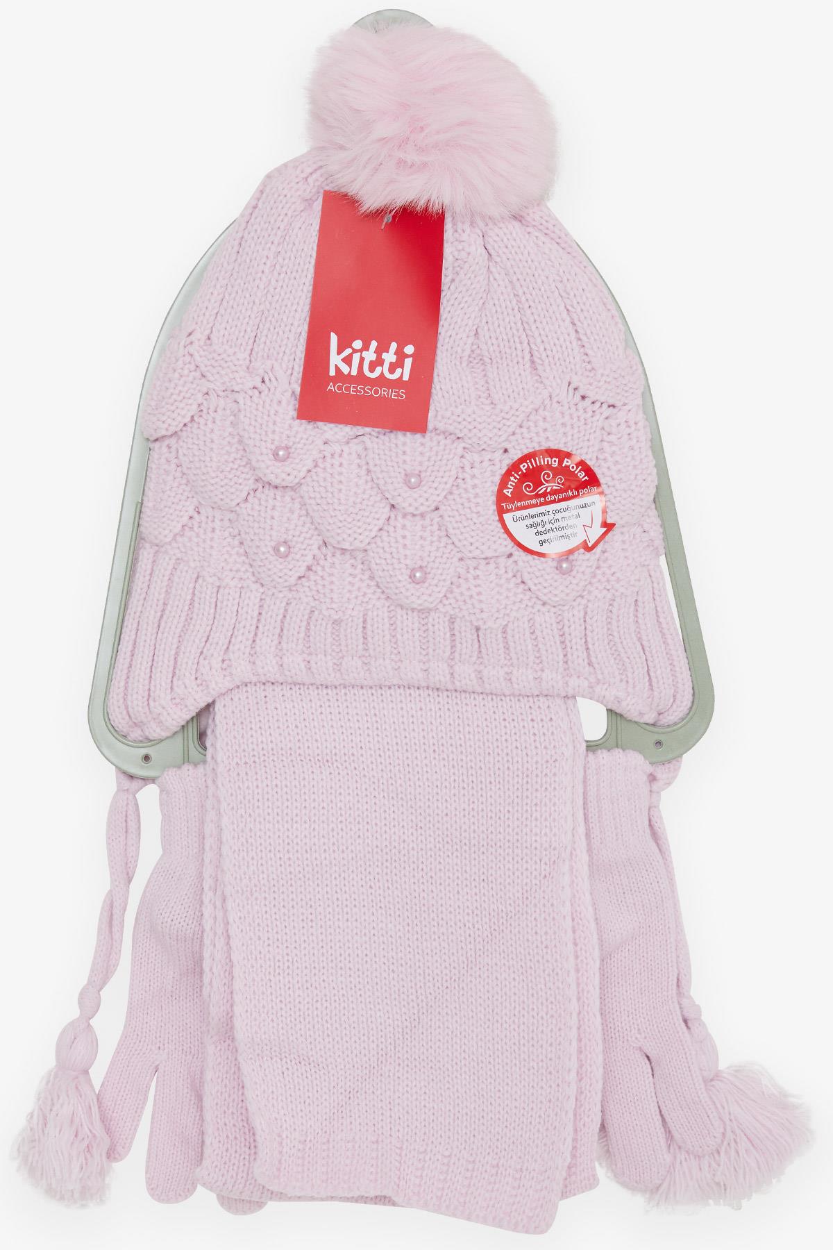 Kitti Kız Çocuk Atkı Bere Takımı 3 lü Set İncili Ponponlu Lila (4-8 Yaş)