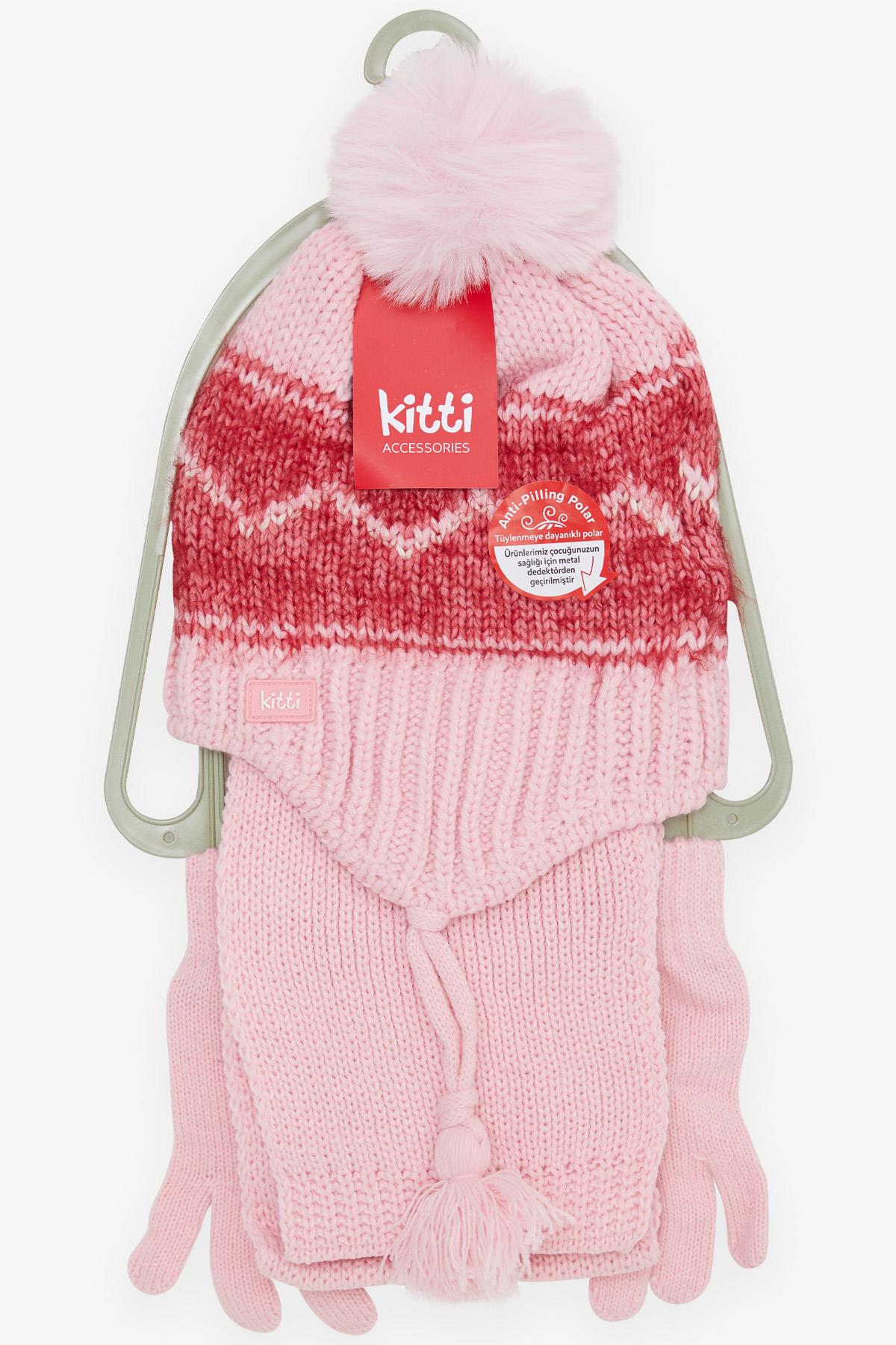 Kitti Kız Çocuk Atkı Bere Takımı 3 lü Set Zikzak Desenli Ponponlu Pembe (4-8 Yaş)