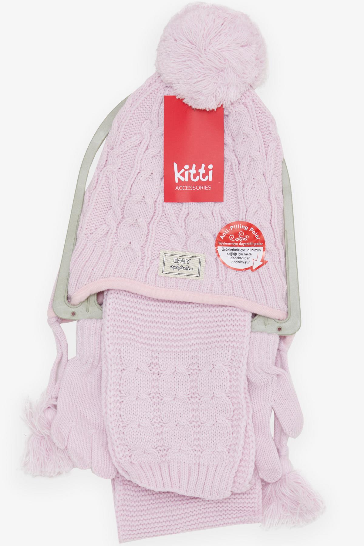 KİTTİ Kız Çocuk Atkı Bere Takımı 3 lü Set Baby Armalı Ponponlu Lila (1-4 Yaş)