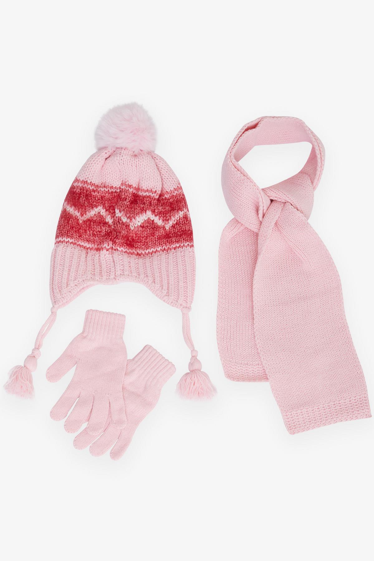 Kitti Kız Çocuk Atkı Bere Takımı 3 lü Set Zikzak Desenli Ponponlu Pembe (4-8 Yaş)