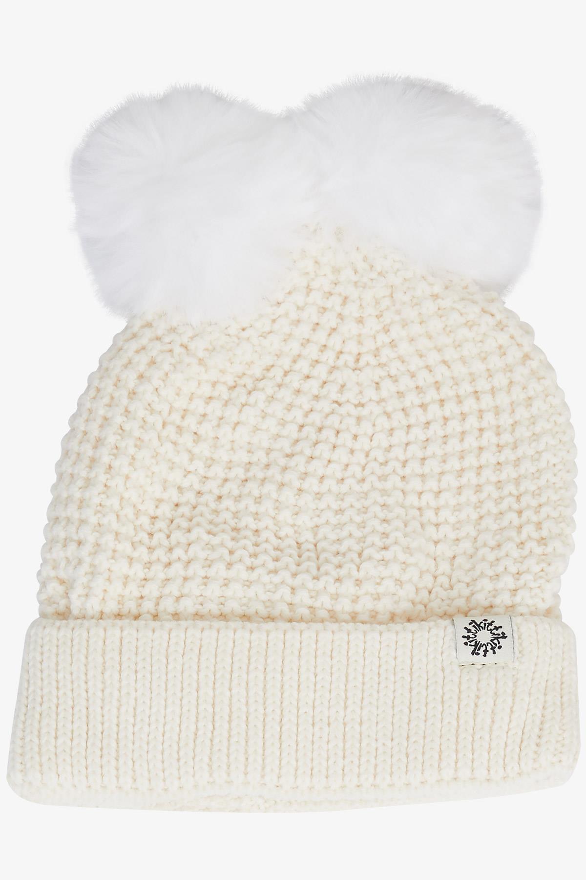 Kitti Kız Çocuk Atkı Bere Takımı 3 lü Set Armalı Çift Ponponlu Ekru (9-15 Yaş)