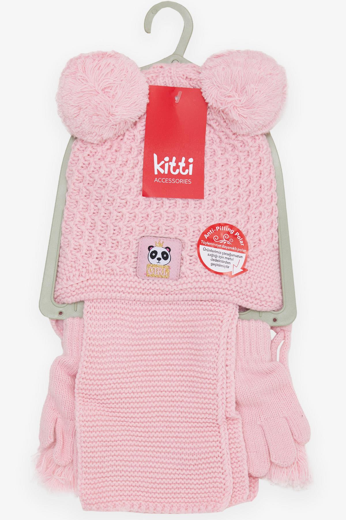 KİTTİ Kız Çocuk Atkı Bere Takımı 3 lü Set Sevimli Kraliçe Pandacık Armalı Pembe (1-4 Yaş)