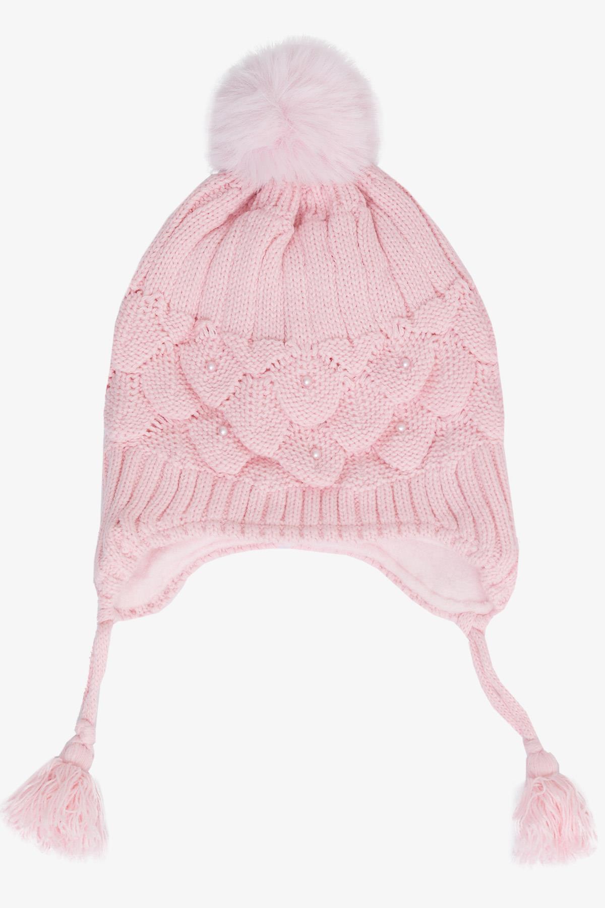 Kitti Kız Çocuk Atkı Bere Takımı 3 lü Set İncili Ponponlu Pembe (4-8 Yaş)