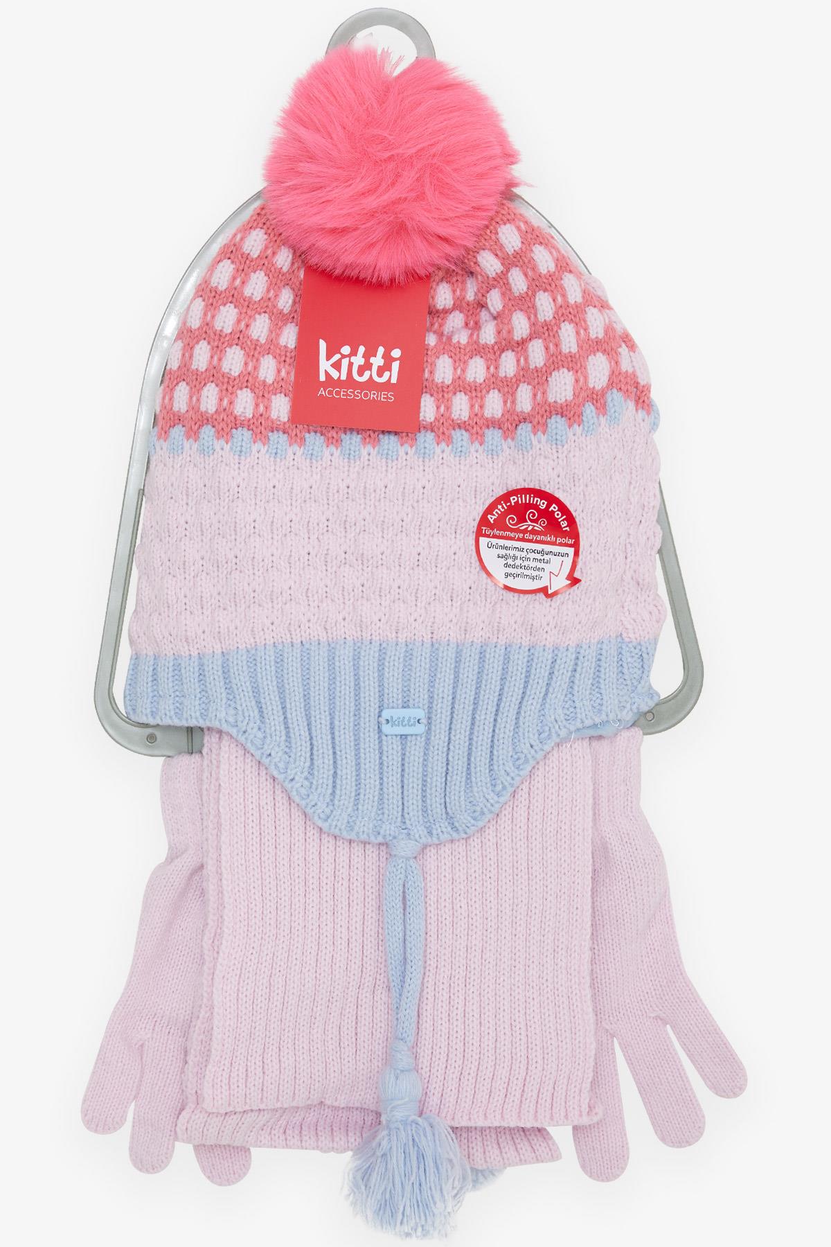 Kitti Kız Çocuk Atkı Bere Takımı 3 lü Set Ponponlu Armalı Açık Lila (4-8 Yaş)