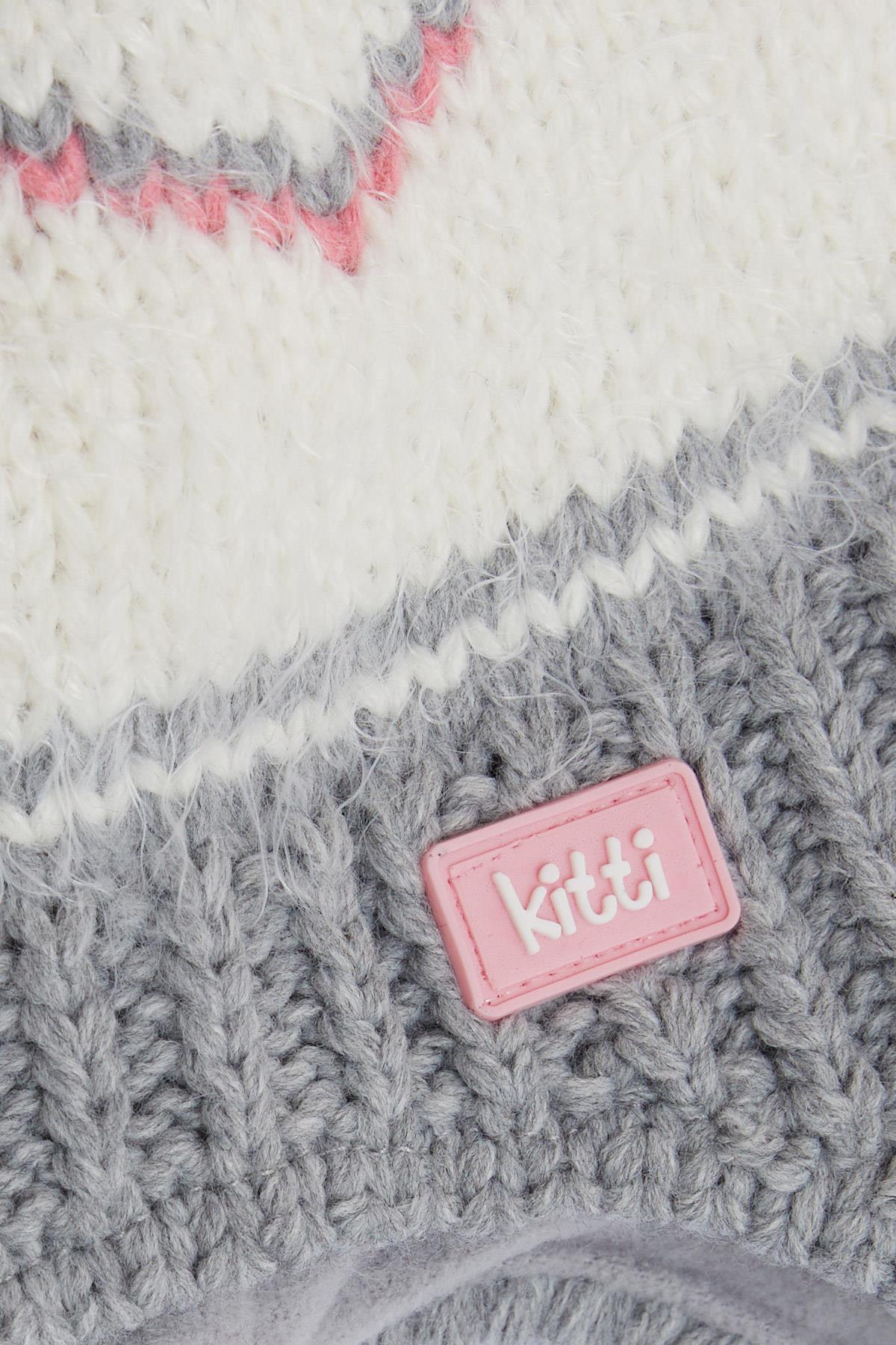 Kitti Kız Çocuk Atkı Bere Takımı 3 lü Set Zikzak Desenli Ponponlu Gri (4-8 Yaş)