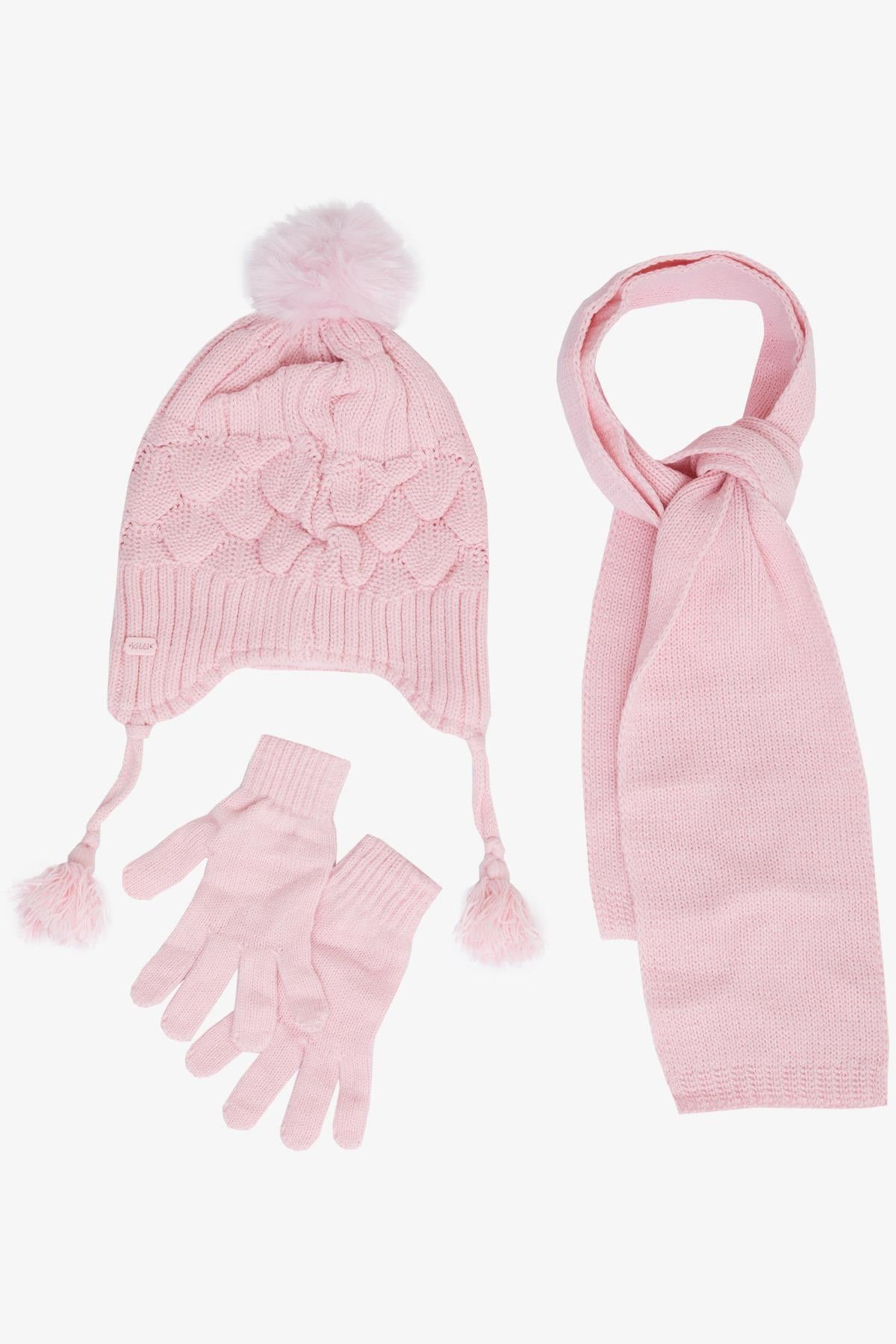 Kitti Kız Çocuk Atkı Bere Takımı 3 lü Set İncili Ponponlu Pembe (4-8 Yaş)