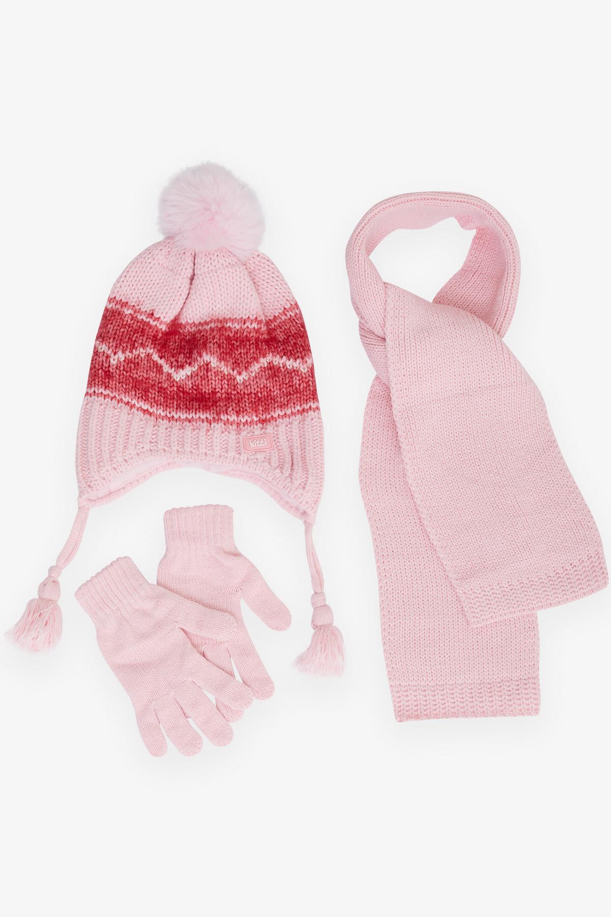 Kitti Kız Çocuk Atkı Bere Takımı 3 lü Set Zikzak Desenli Ponponlu Pembe (4-8 Yaş)
