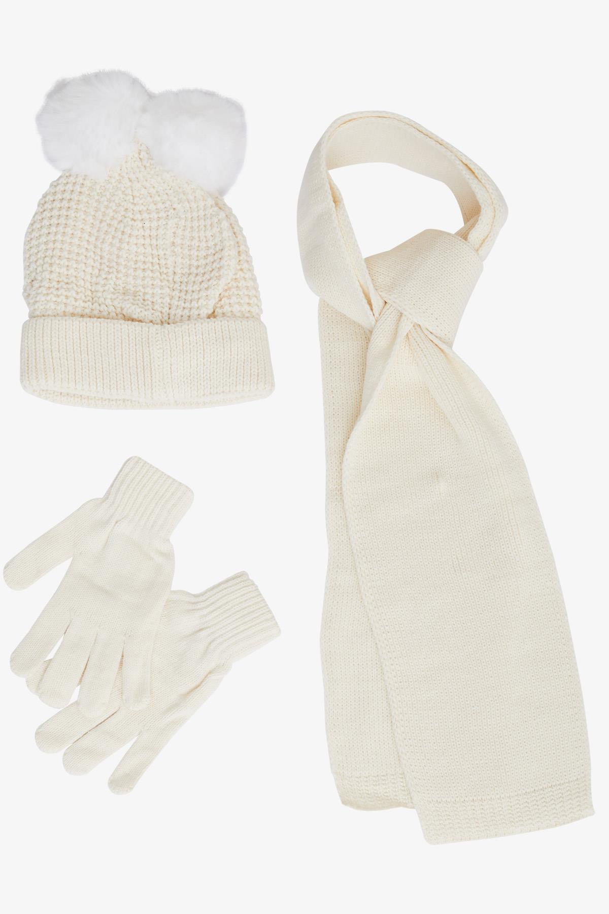 Kitti Kız Çocuk Atkı Bere Takımı 3 lü Set Armalı Çift Ponponlu Ekru (9-15 Yaş)